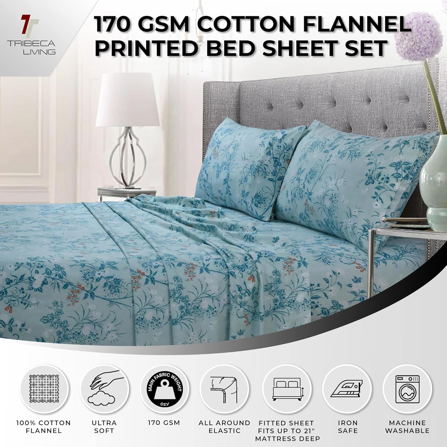 Tribeca Living Katy Floral – Juego de sábanas de franela extra profundo de 170 GSM, tamaño individual XL, color verde (KATYSHETWXBL)