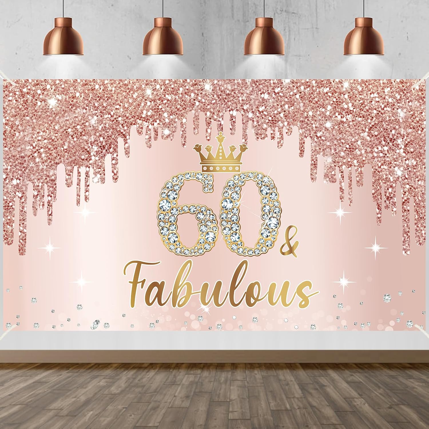 Cartel de 60 cumpleaños de oro rosa para mujer, decoración de fiesta de cumpleaños de 60 años para mujer, pancarta de oro rosa rosa de 60 y fabuloso