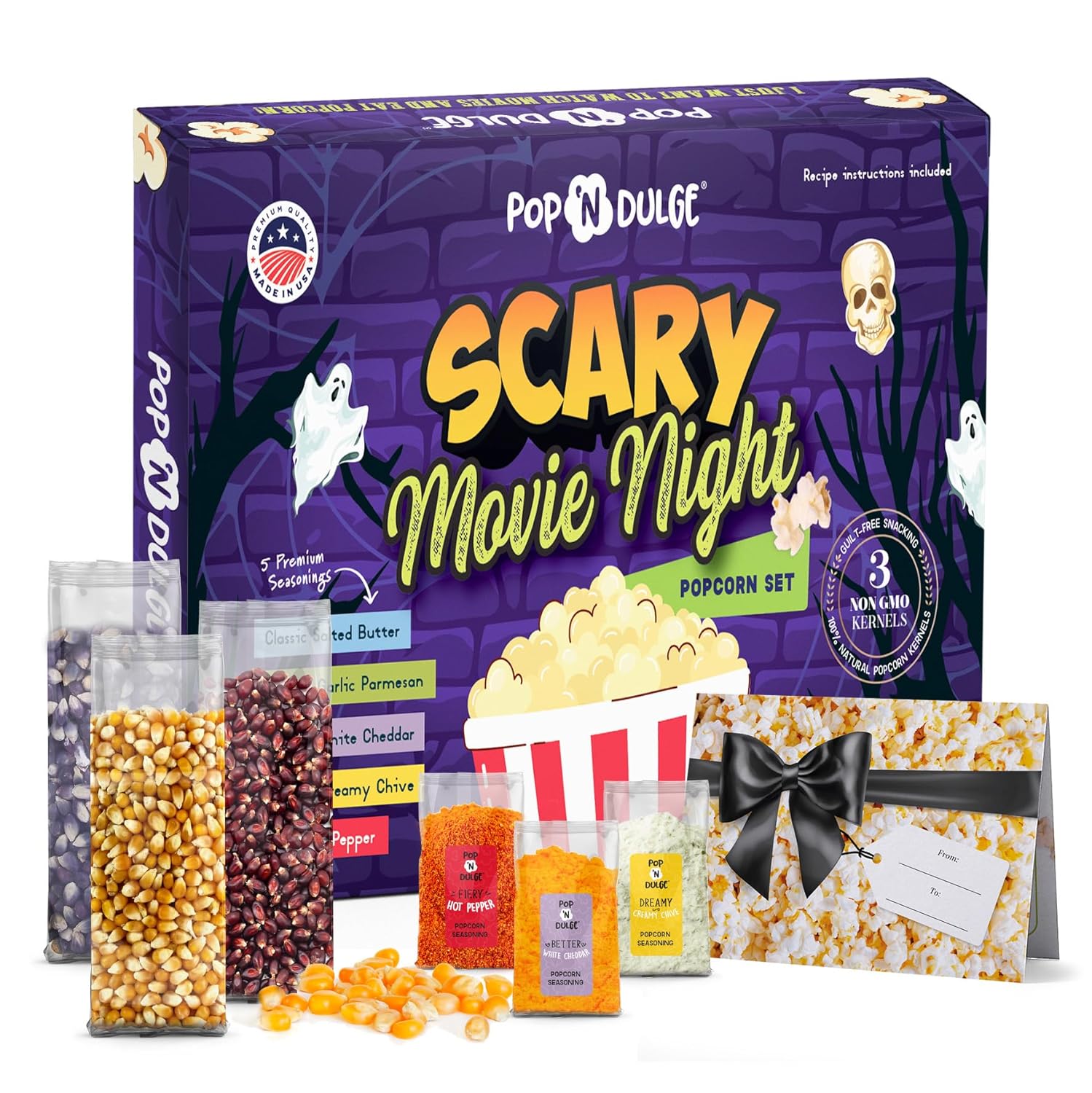 Regalos de Halloween, cesta de regalo de noche de película aterradora, granos de palomitas gourmet y condimentos de palomitas de maíz, paquete