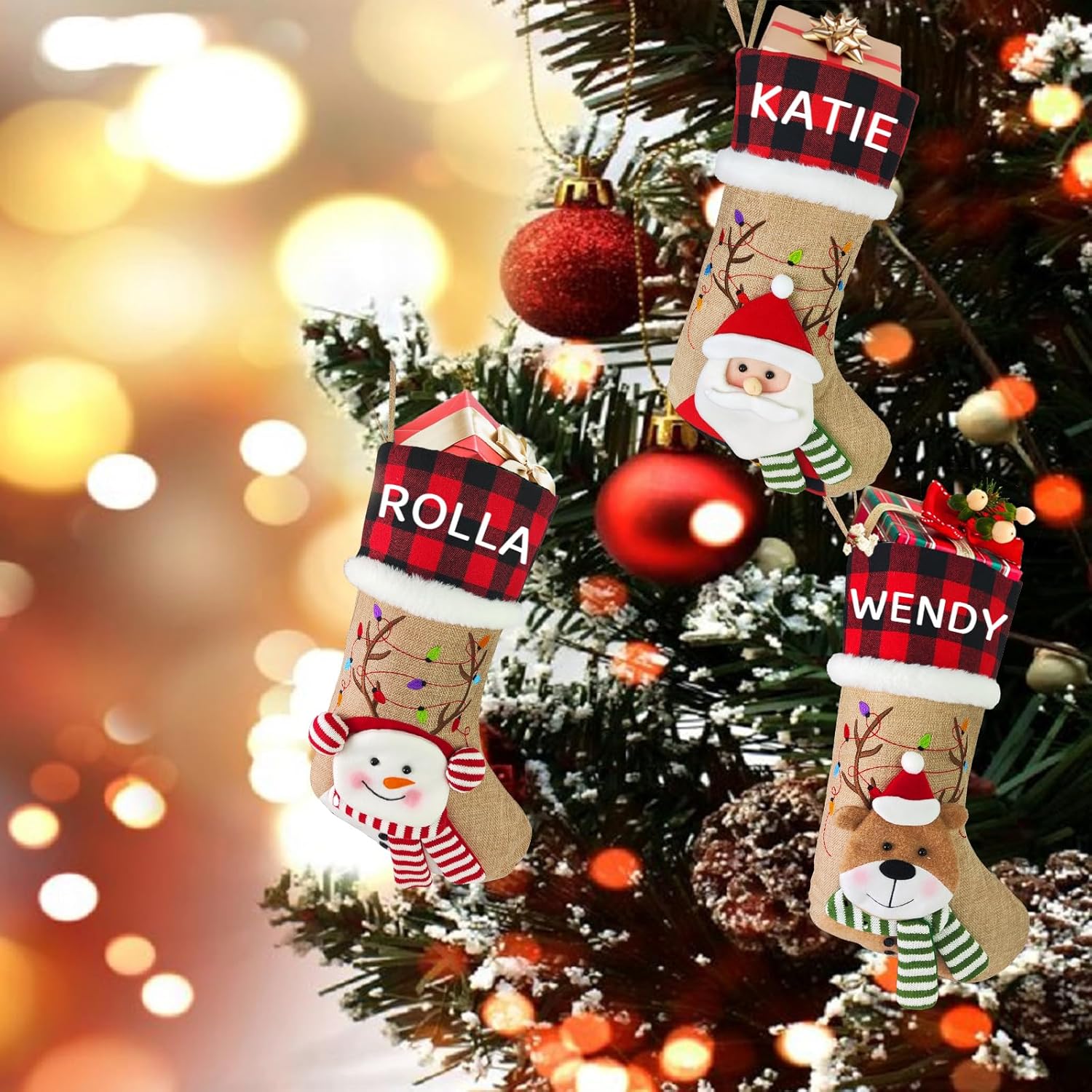 Lcyawer Medias de Navidad personalizadas con nombre, calcetín de Navidad de 18 pulgadas con ciervo, Papá Noel, muñeco de nieve, regalos de