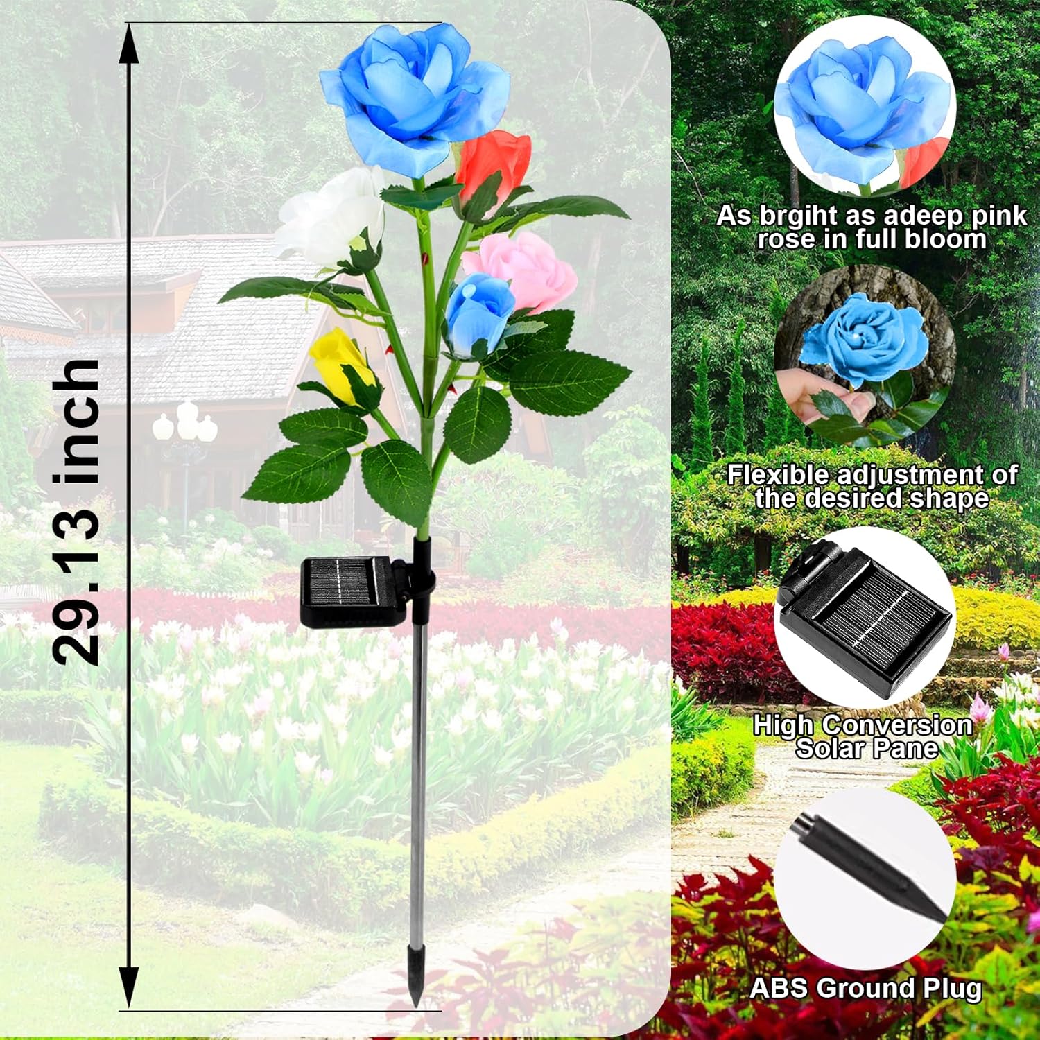 Luces solares de jardín decorativas para exteriores, paquete de 2 luces solares de jardín con 12 rosas, LED multicolor, impermeable, funciona con