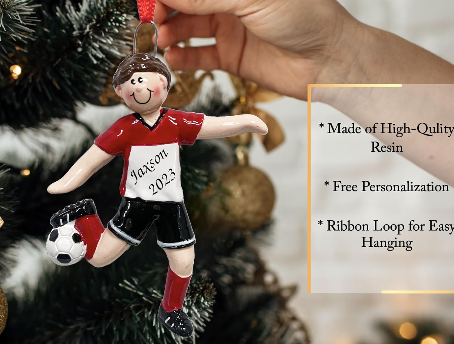 UniqXmas Adorno de Navidad personalizado para niño de fútbol 2023  Personalización gratuita  Figura de jugador masculino pateando la pelota para el
