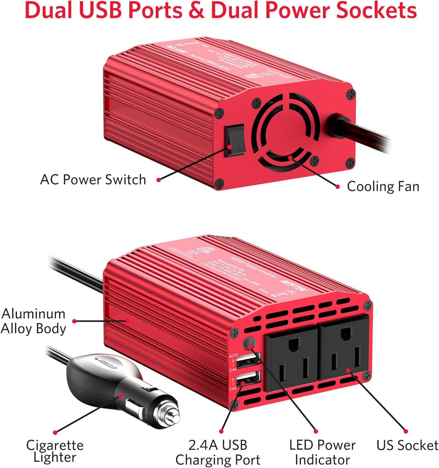BESTEK Inversor de corriente de 300 W, convertidor de corriente CC de 12 V a 110 V CA, para máquina CPAP, nebulizador de asma, bomba de leche, carga