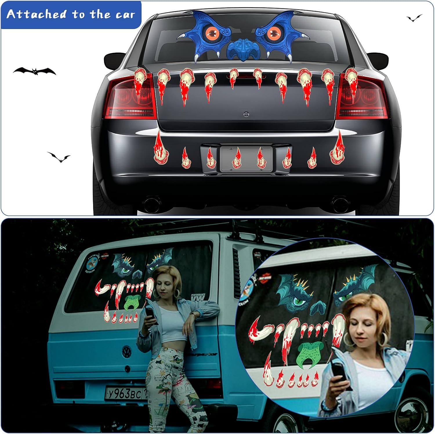 Zonon Juego de 2 piezas de decoración de Halloween para maletero o golosinas para automóvil, cara con ojos, colmillos y orejas, tamaño grande,