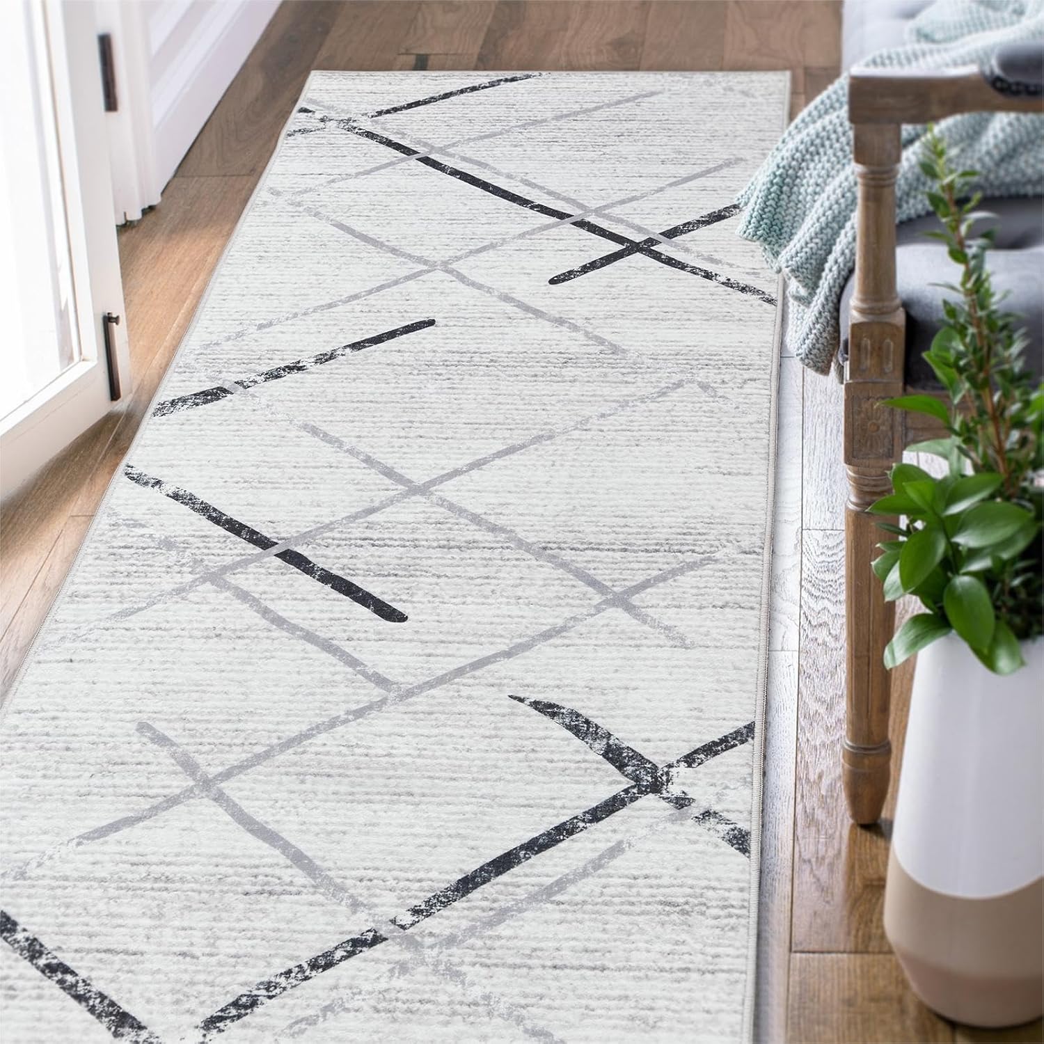 jinchan Alfombra de pasillo lavable de 2 x 5 pies, alfombra marroquí, gris, delgada, moderna, geométrica, suave, antideslizante, para interiores,