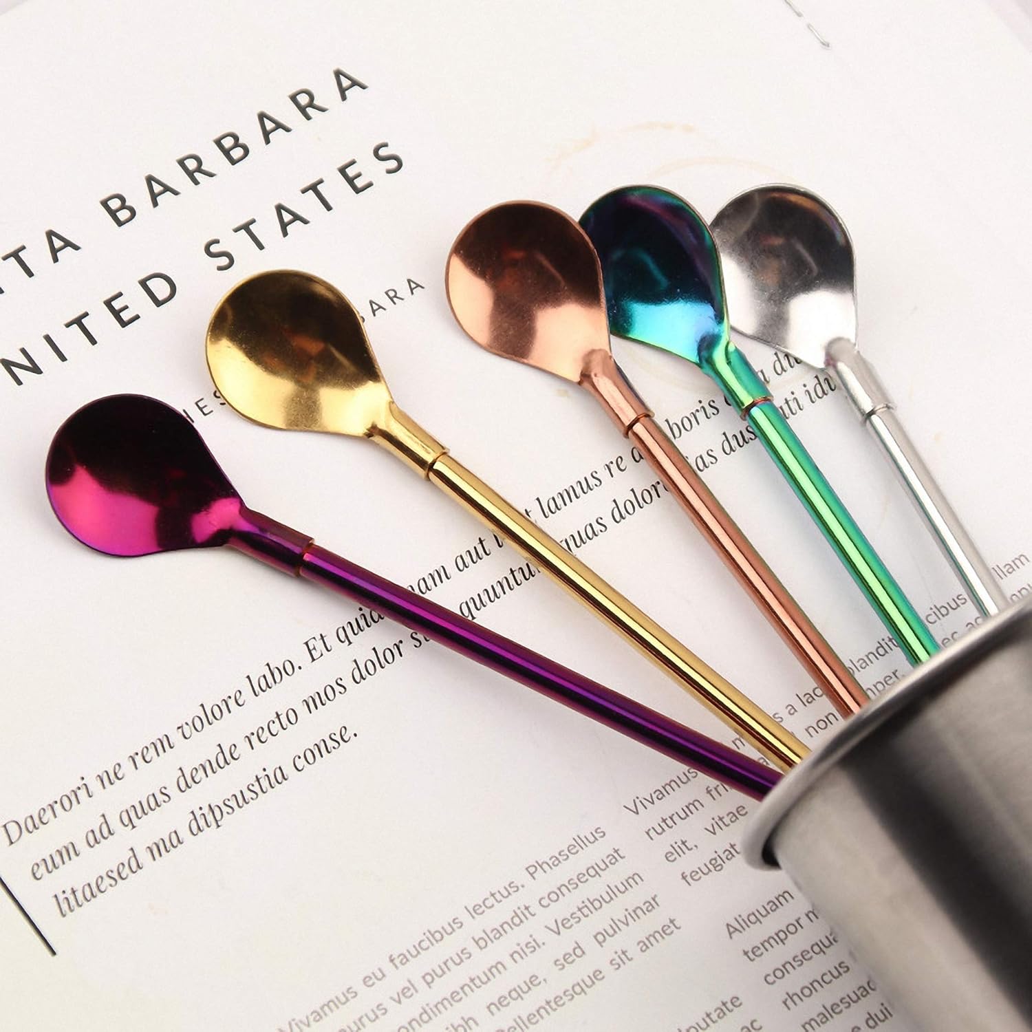7 popotes de metal para beber con 2 cepillos de limpieza de 8.5 pulgadas, cuchara de barra reutilizable para café helado, bebida congelada, batidos,