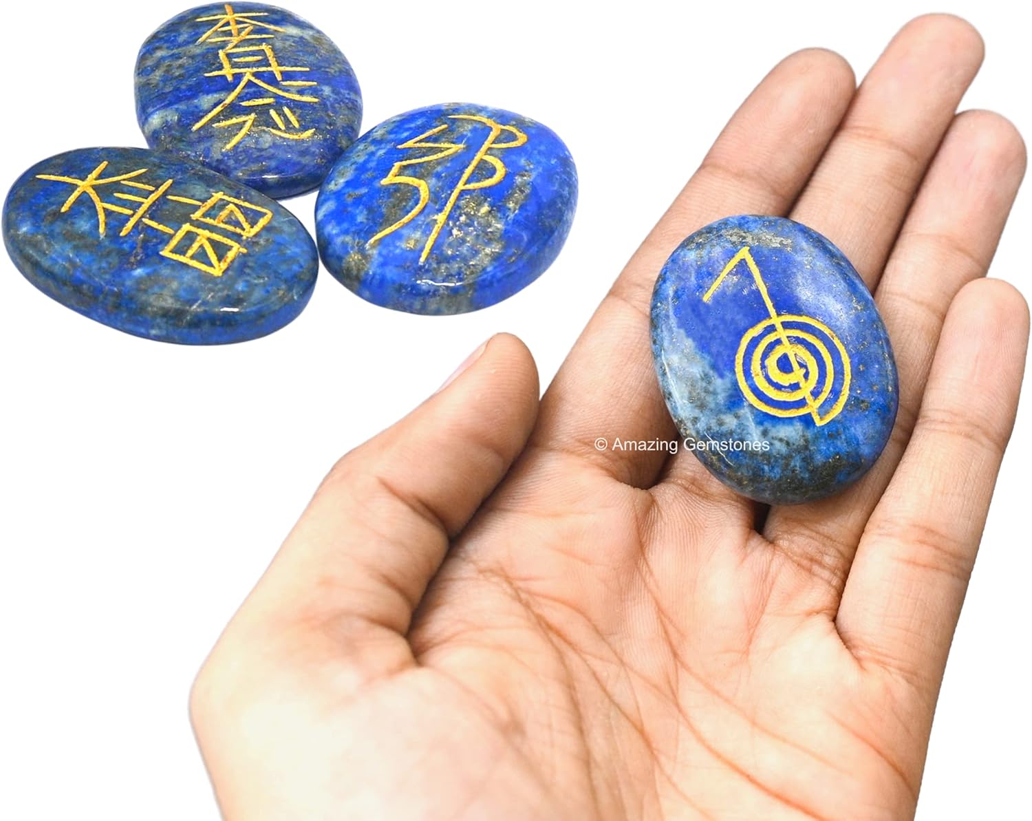 Piedras de reiki de cristal de lapislázuli con símbolos grabados para curación Usui Reiki, juego de 4 piezas (juego de regalo de reiki hecho a mano