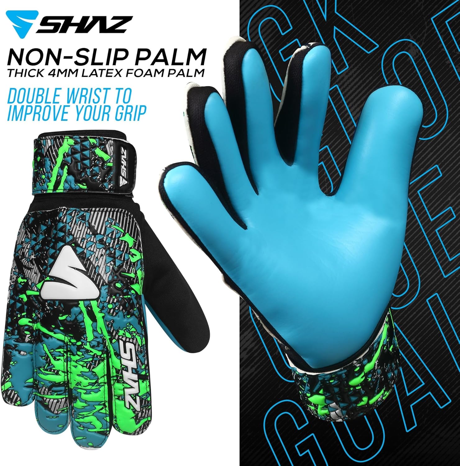 Shaz Guantes de portero de fútbol para niños y jóvenes, guantes de portero de fútbol Funky antideslizantes de 0.157 in con palma de látex con agarre