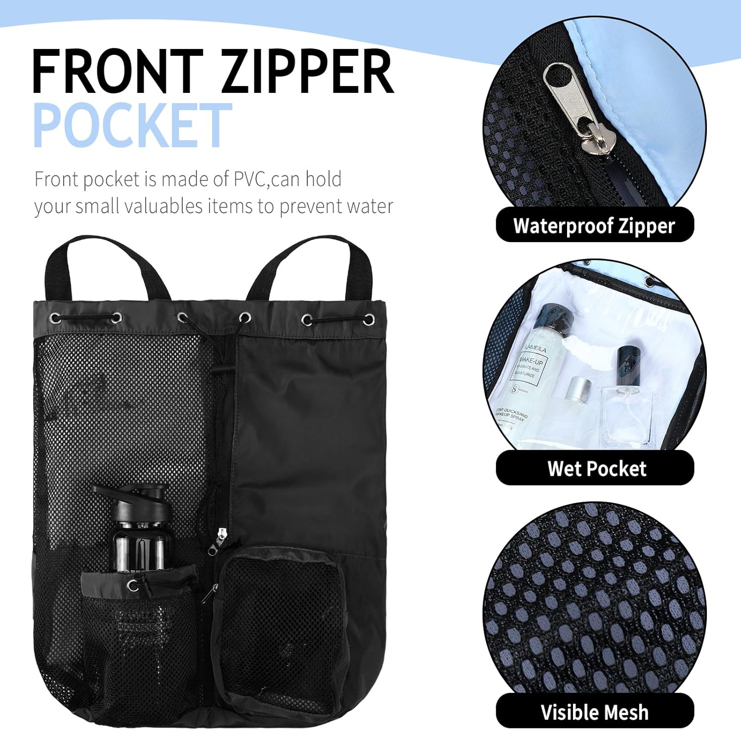 Mochila de malla con cordón de 5 piezas, con bolsillo húmedo, bolsa de gimnasio de malla ligera, mochila de playa para mujeres y hombres, piscina,
