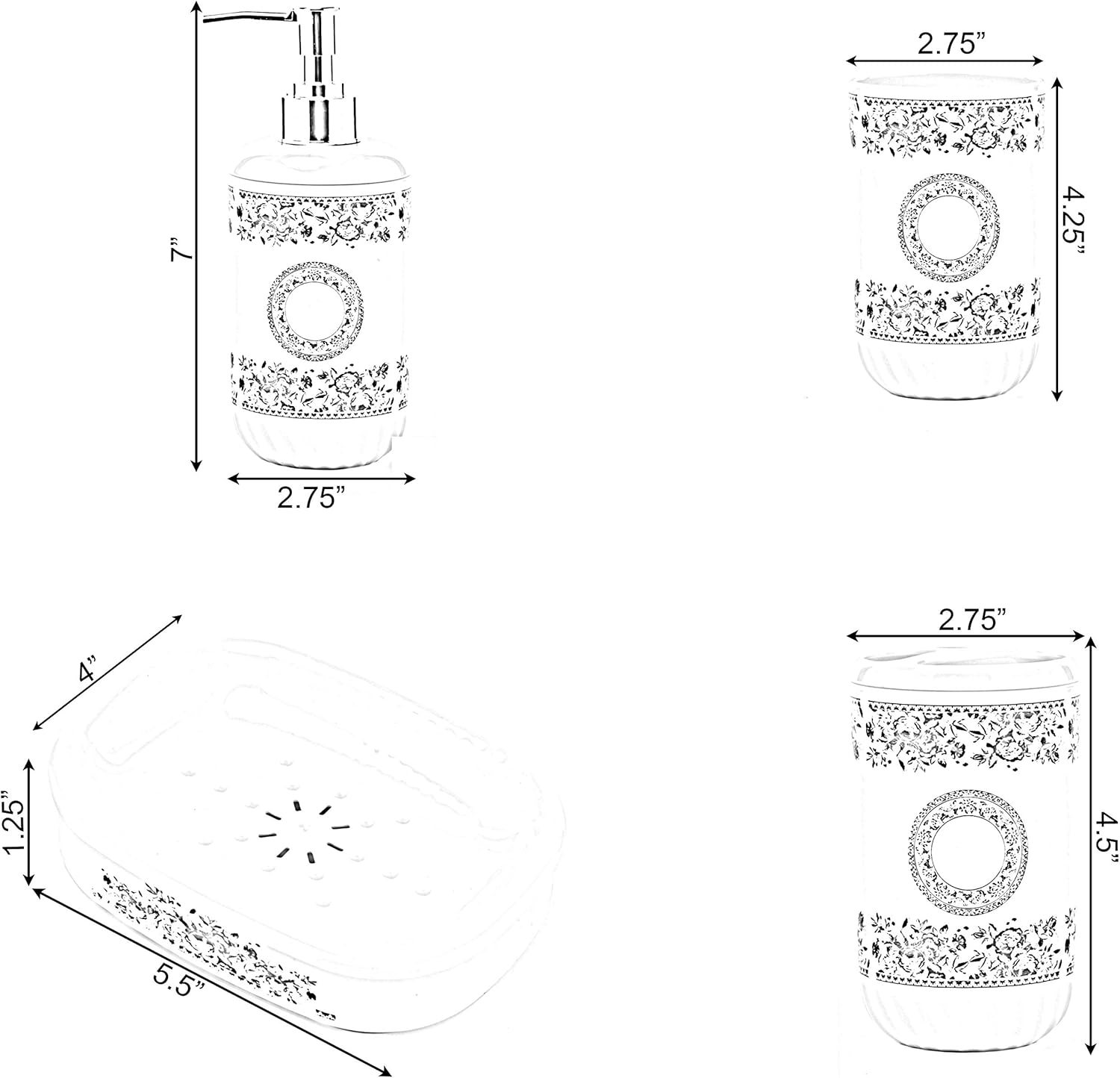 Basicwise Juego de accesorios de baño de 4 piezas, incluye dispensador de jabón, soporte para cepillo de dientes, vaso y jabonera (blanco)