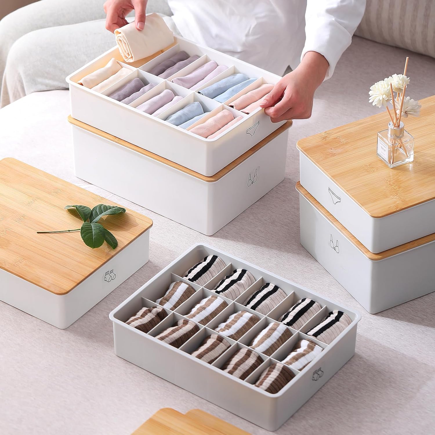 Caja de almacenamiento de lujo con tapa de bambú para calcetines y ropa interior, 10 celdas + 15 celdas, organizadores de tela y cajas de