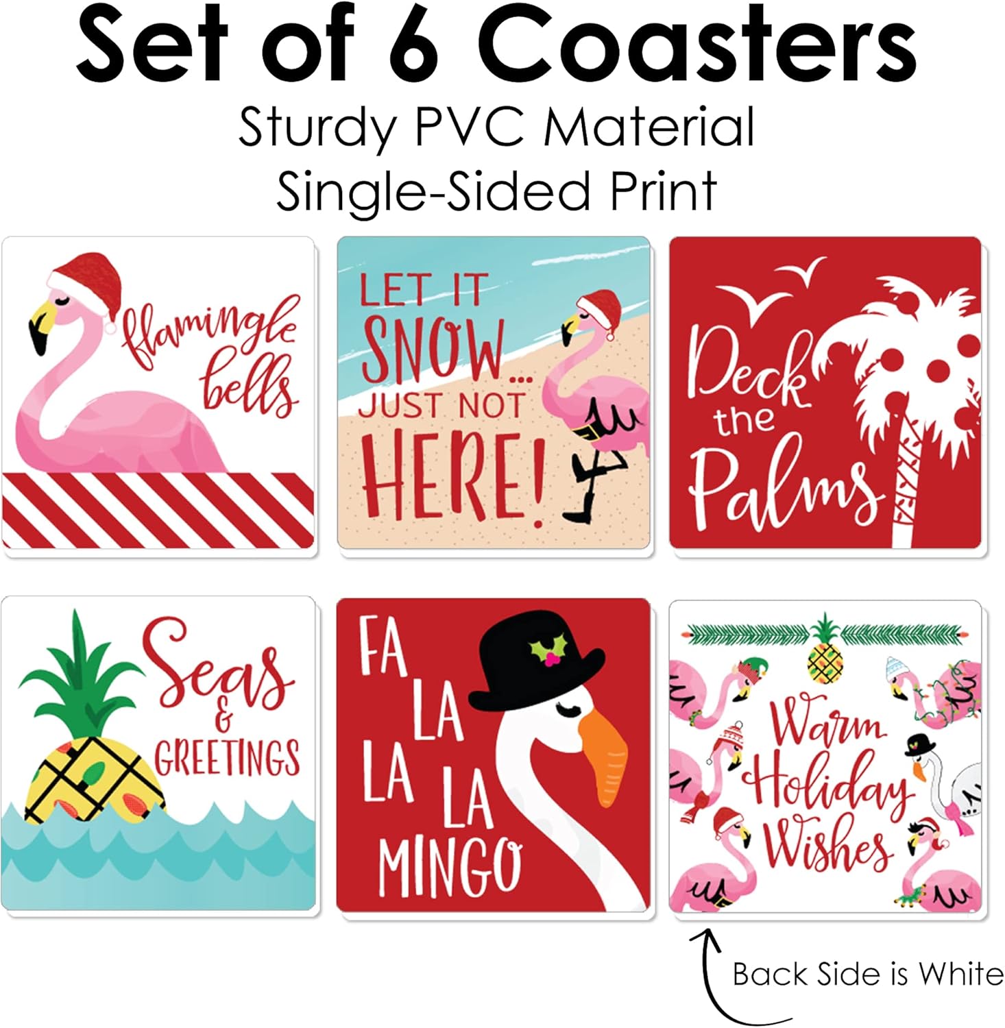 Big Dot of Happiness Flamingle Bells – Divertidas decoraciones tropicales para fiestas de Navidad, posavasos para bebidas, juego de 6