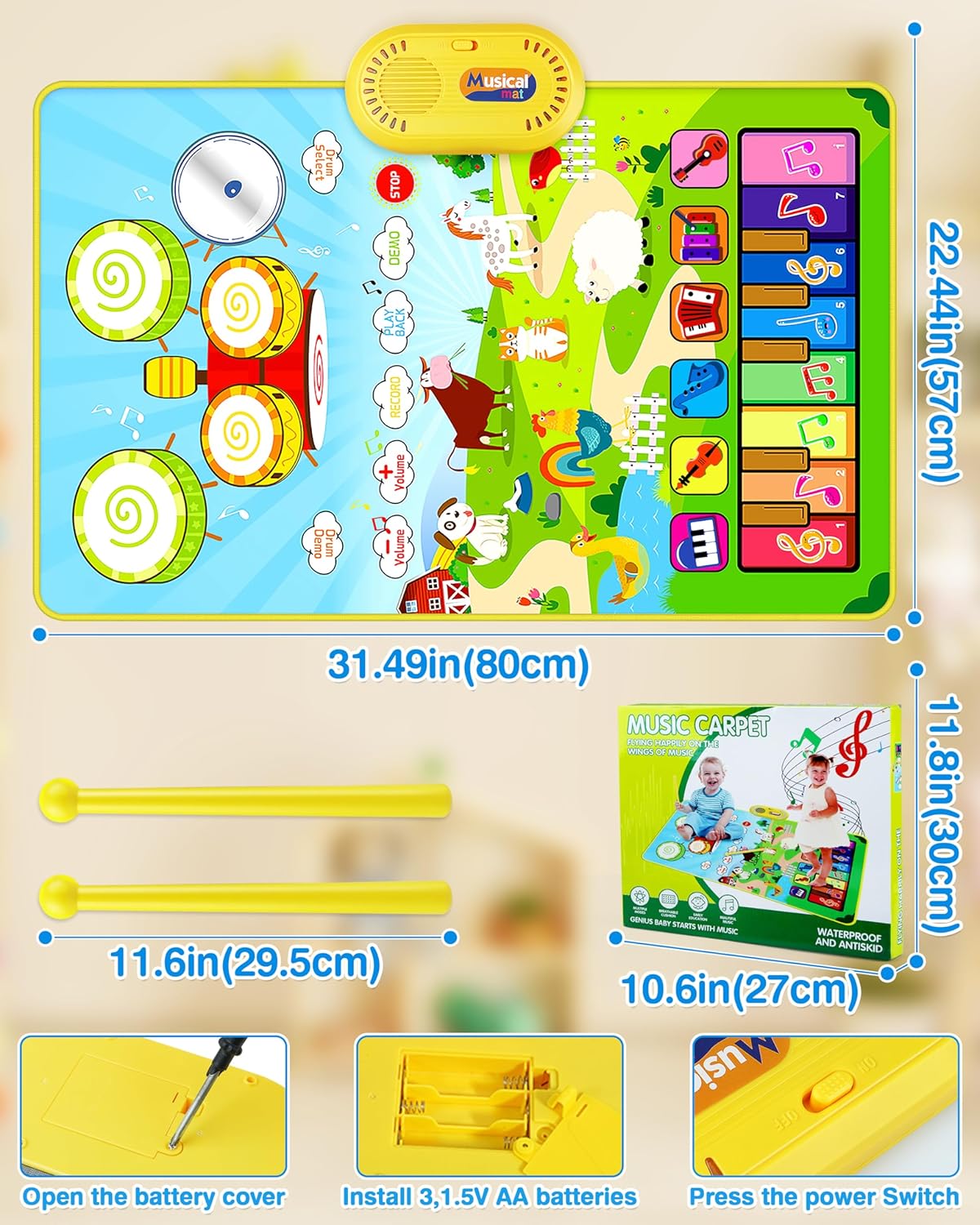 Vanmor Tapete musical para niños pequeños, juguetes musicales, teclado de piano y tapete de batería con 2 palos, manta de animales, almohadillas
