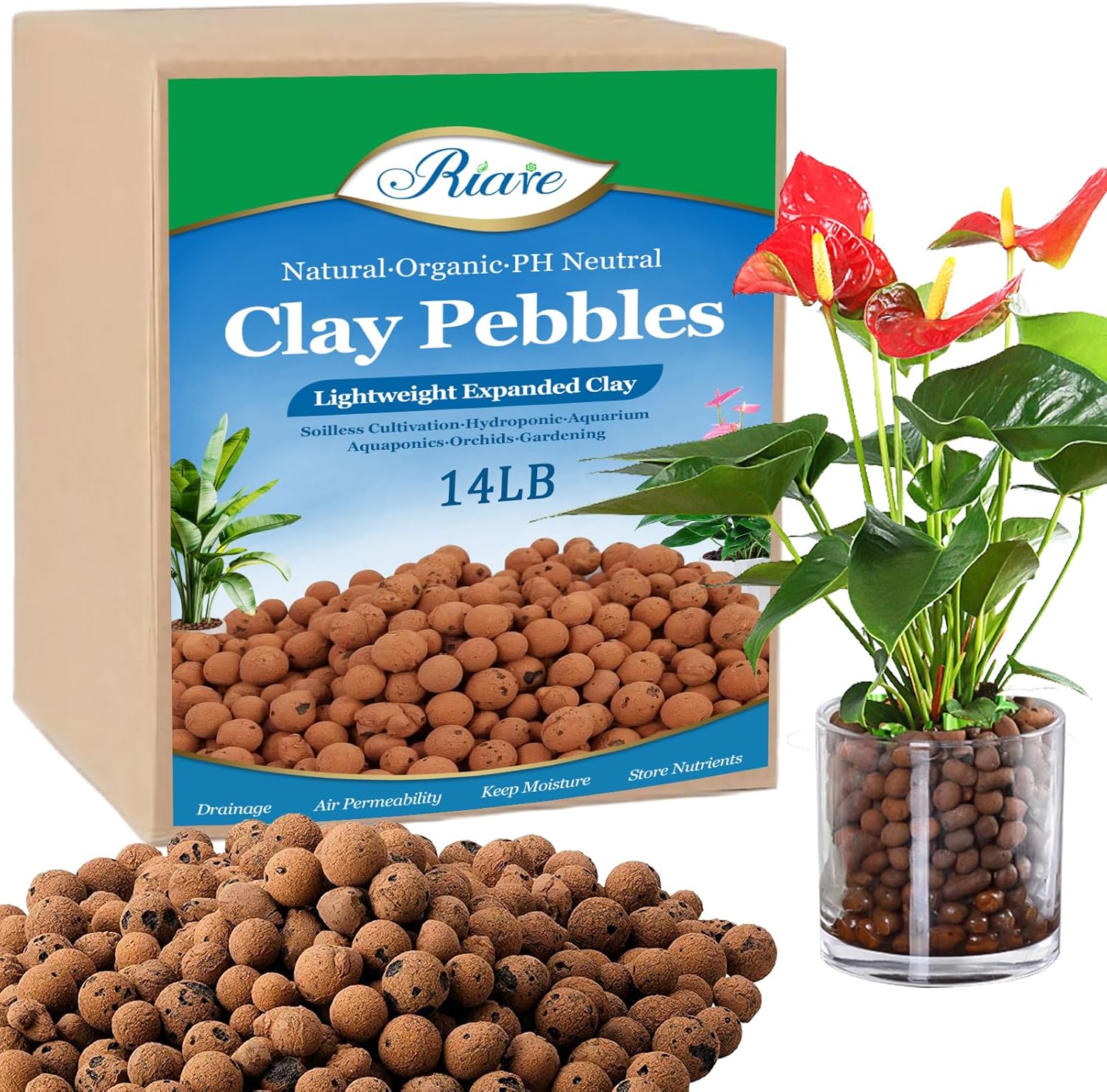 Riare Guijarros de arcilla expandida orgánica de 14 libras para plantas, bolas de leca natural de 0.157 a 0.630 pulgadas, ligeras piedras
