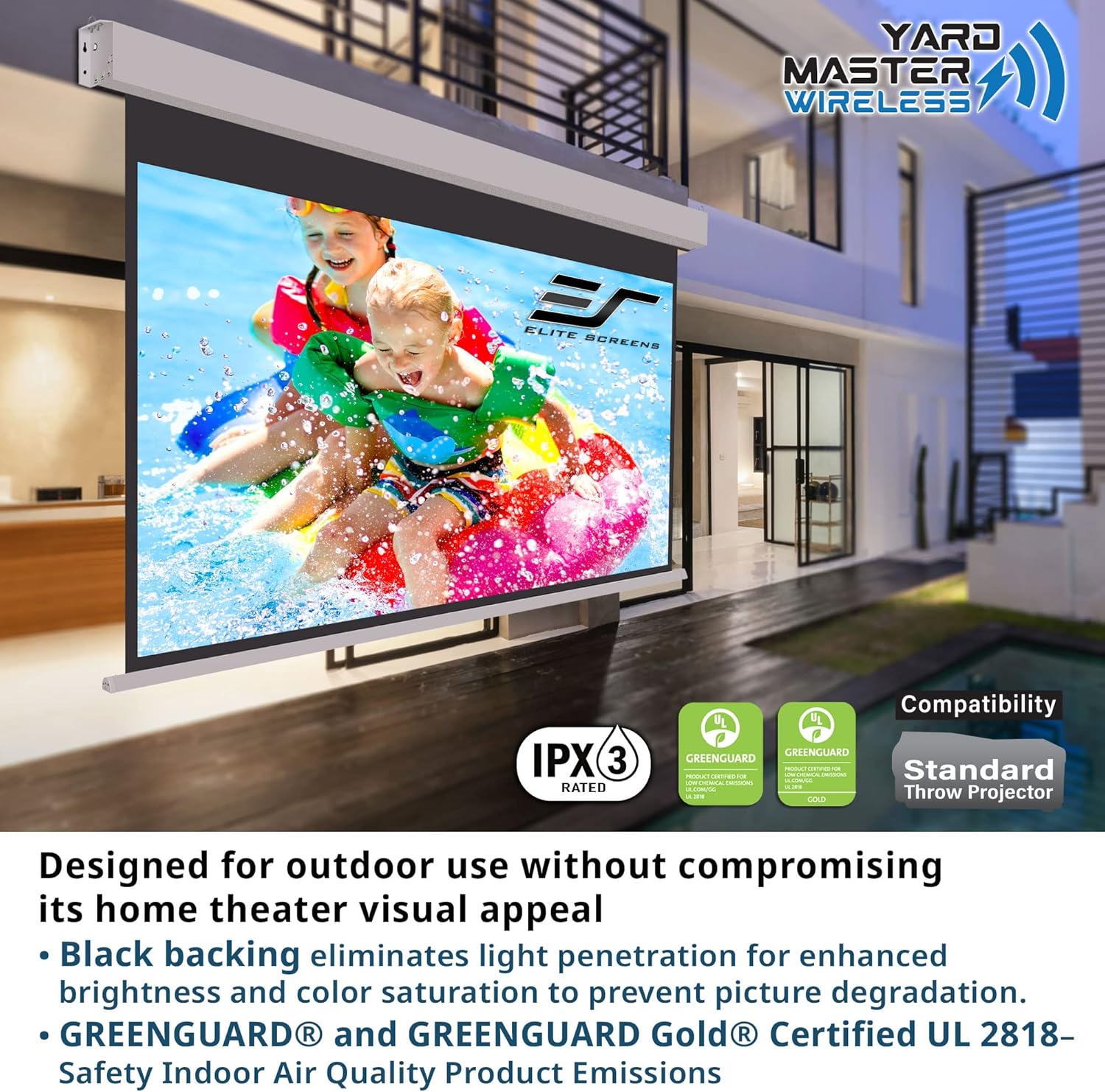 Elite Screens Yard Master Wireless, 125 pulgadas Diag. Pantalla de proyector motorizada para exteriores 169, batería de iones de litio recargable