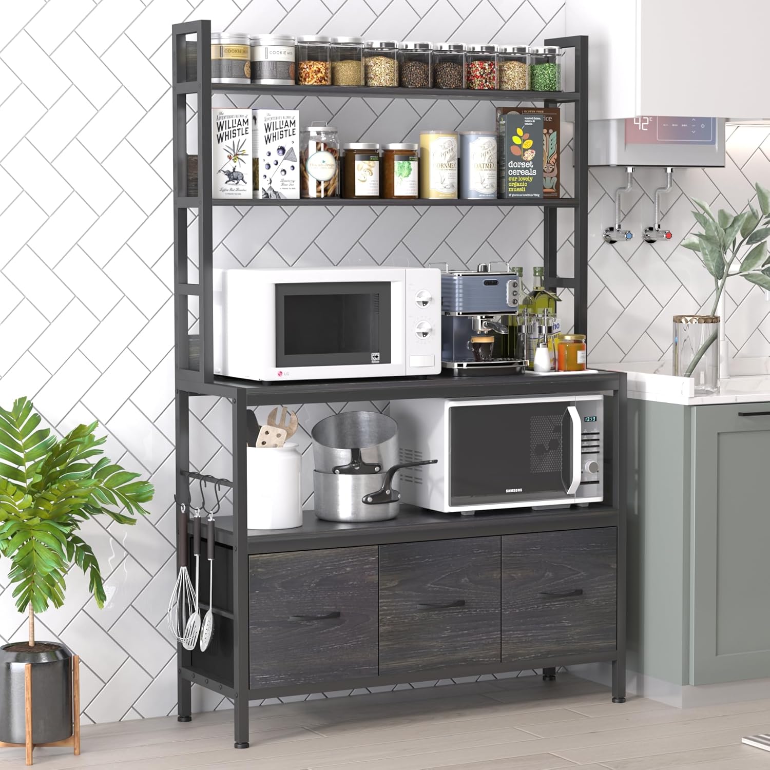 Estante para hornear de cocina con cestas, estante de almacenamiento de cocina de 5 niveles, soporte industrial para horno microondas, organizador