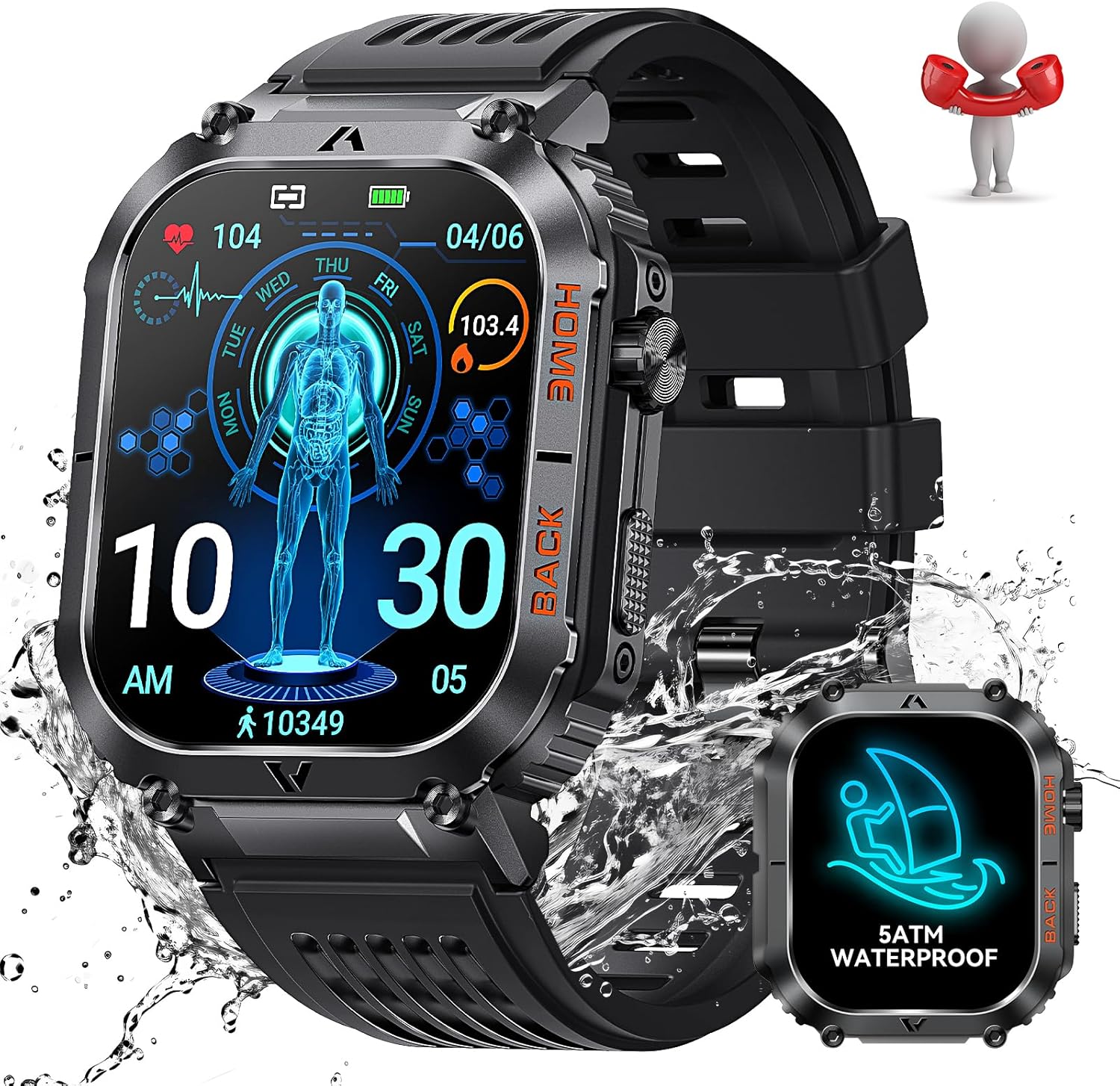 Reloj inteligente militar para hombre, resistente al agua, 5 ATM, con llamada, 2.02 pulgadas, pantalla grande, resistente al aire libre, reloj