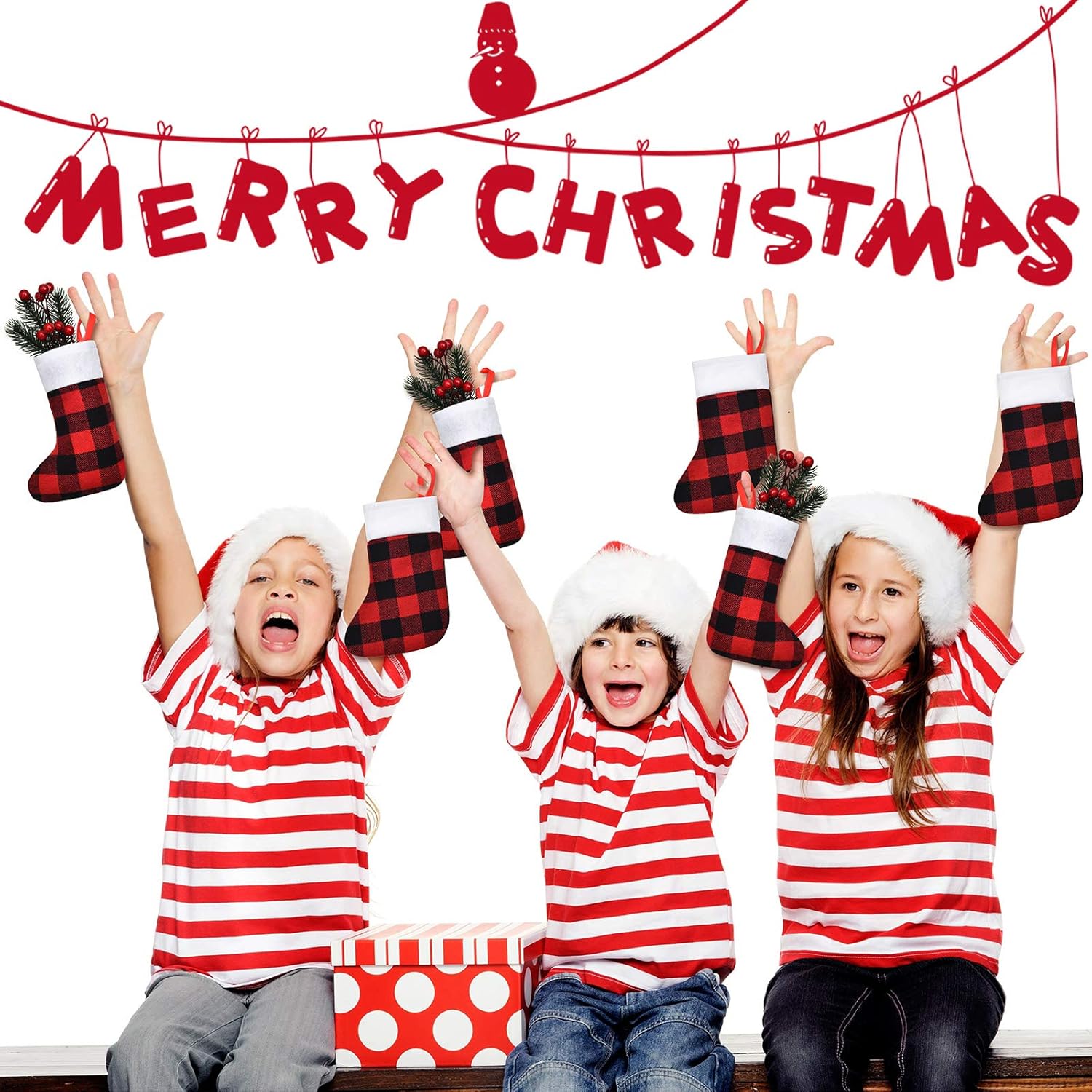 Skylety 24 medias de Navidad en puño de felpa a granel, calcetines pequeños de Navidad a cuadros, calcetines rústicos para chimenea, medias