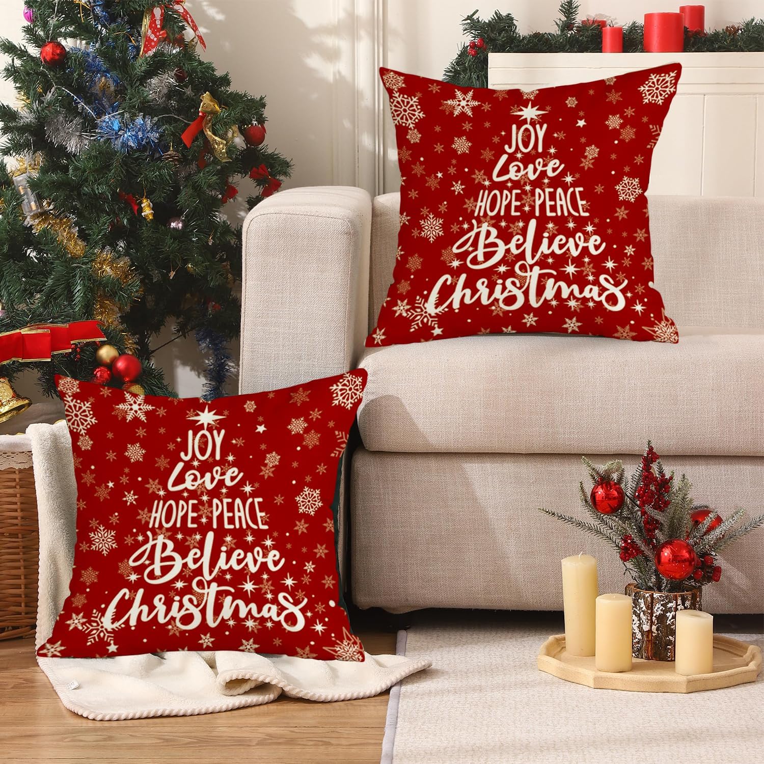 RABUSOFA Red Believe – Fundas de almohada navideñas de 18 x 18 pulgadas, fundas de almohada decorativas de Navidad, fundas de cojín de Navidad con