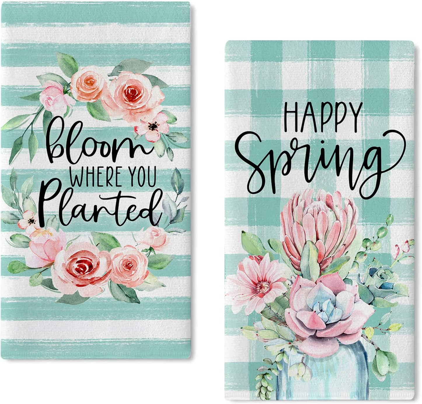 Seliem Happy Spring – Juego de 2 toallas de cocina con diseño de cactus y flores suculentas, guirnalda de rosas, color verde menta, búfalo a rayas,