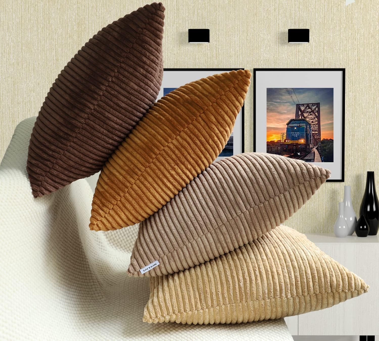 MEKAJUS Juego de 4 fundas de almohada decorativas de pana a rayas suaves, fundas de cojín cuadradas sólidas para decoración del hogar, sala de