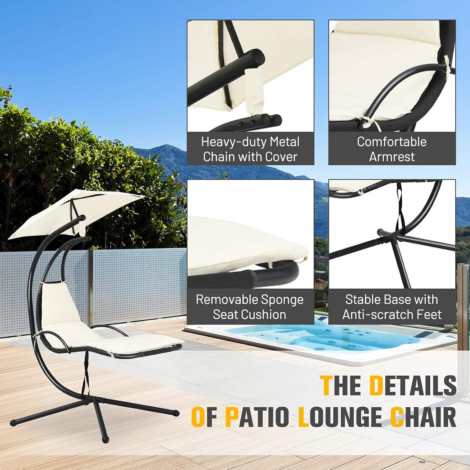 Giantex Tumbona colgante para exteriores, silla hamaca de patio con toldo extraíble, cojín y cuerda anticaída, hamaca colgante de arco para patio,