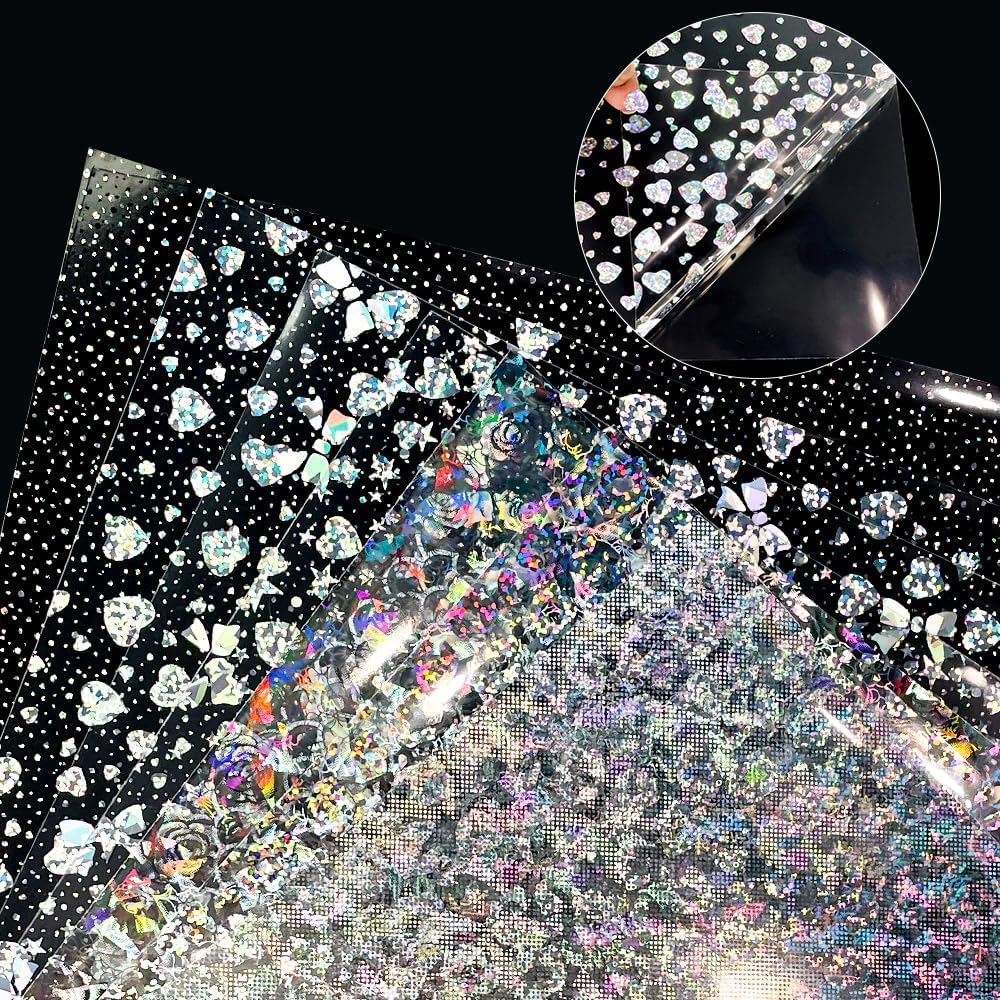 Vinilo adhesivo holográfico permanente, 16 hojas de 12 x 12 pulgadas, película transparente iridiscente impermeable con moños de flores y patrones