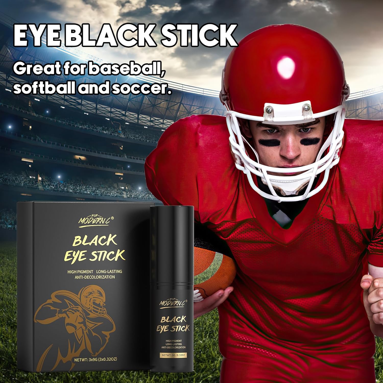 Palos negros de ojo, 3 piezas para fútbol, béisbol, softbol, atletas, juegos deportivos, antirreflejos, fútbol, lacrosse, hockey, pintura facial,