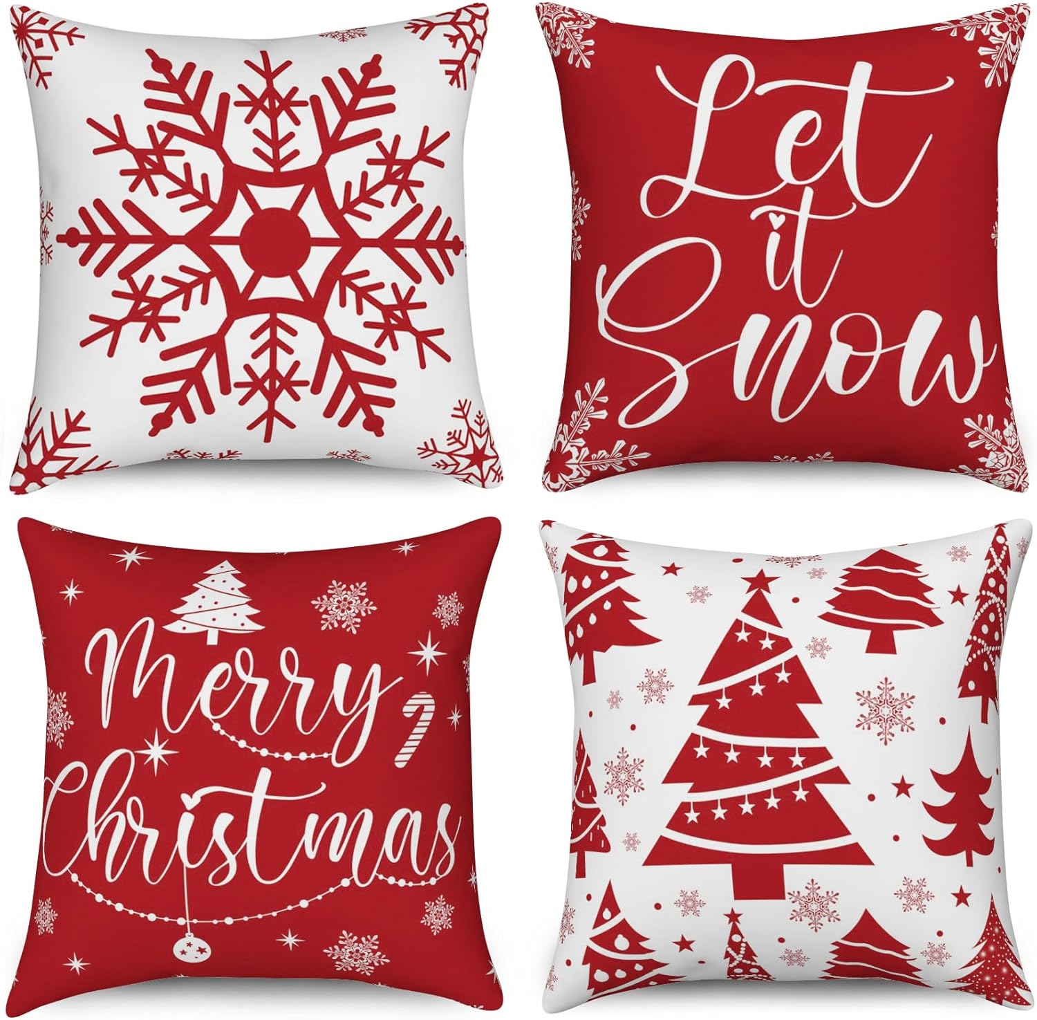Juego de 4 fundas de almohada rojas de Navidad de 18 x 18 pulgadas, decoraciones navideñas con copos de nieve, fundas de almohada de árbol de