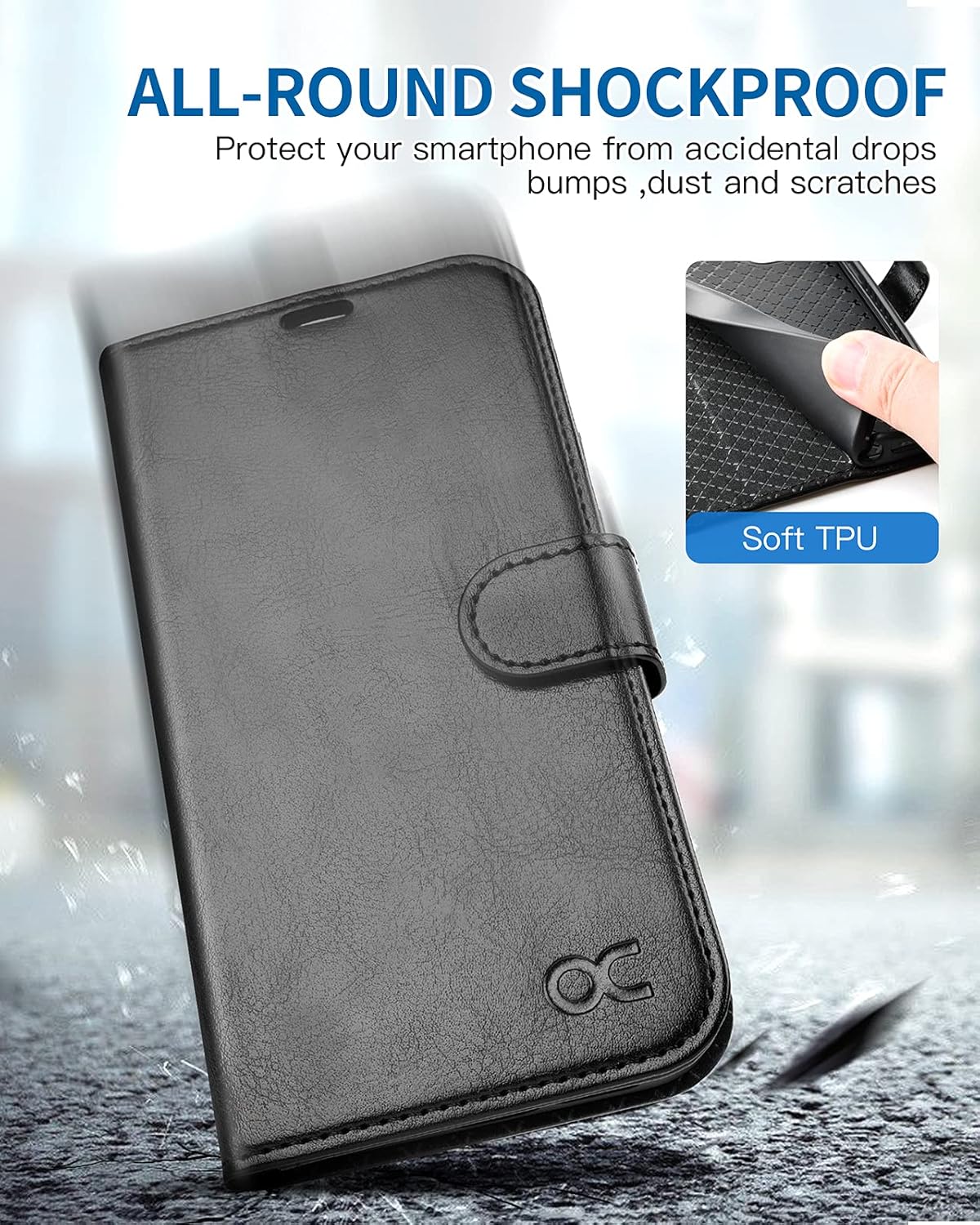 OCASE Funda tipo cartera compatible con iPhone 13, funda tipo cartera de piel sintética con tarjeteros, soporte de bloqueo RFID carcasa interior de