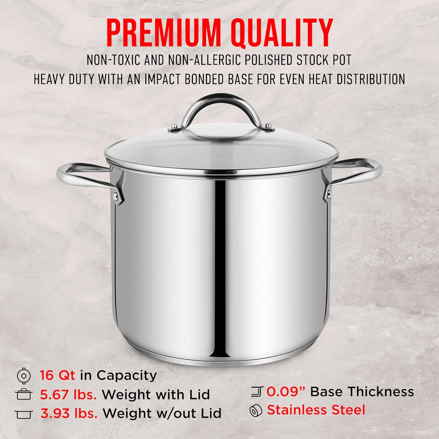 Bakken-Swiss Deluxe – Olla de acero inoxidable de 16 cuartos de galón con tapa transparente de vidrio templado, deliciosas sopas, guisos y cocción