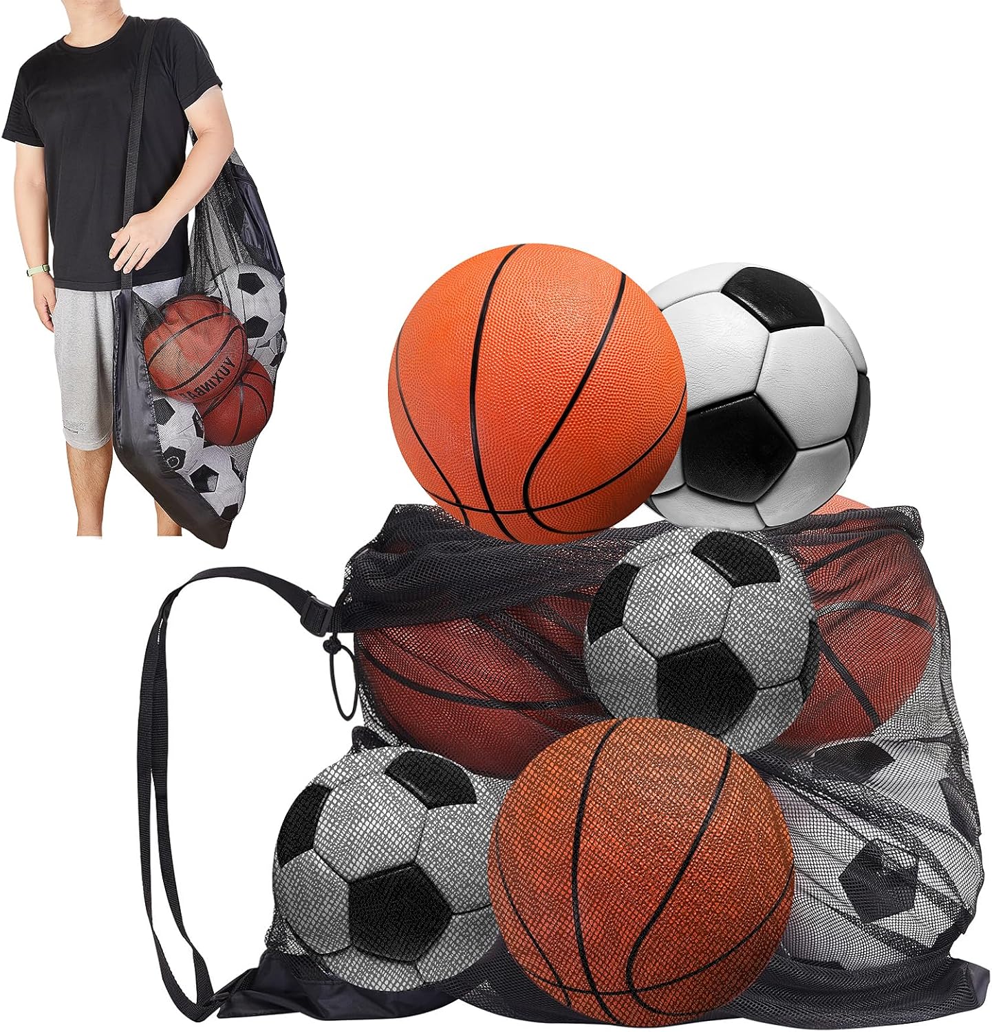 Abeillo Bolsa de pelota de fútbol extra grande para pelota deportiva, bolsa de malla duradera con correa para el hombro, bolsa de almacenamiento de