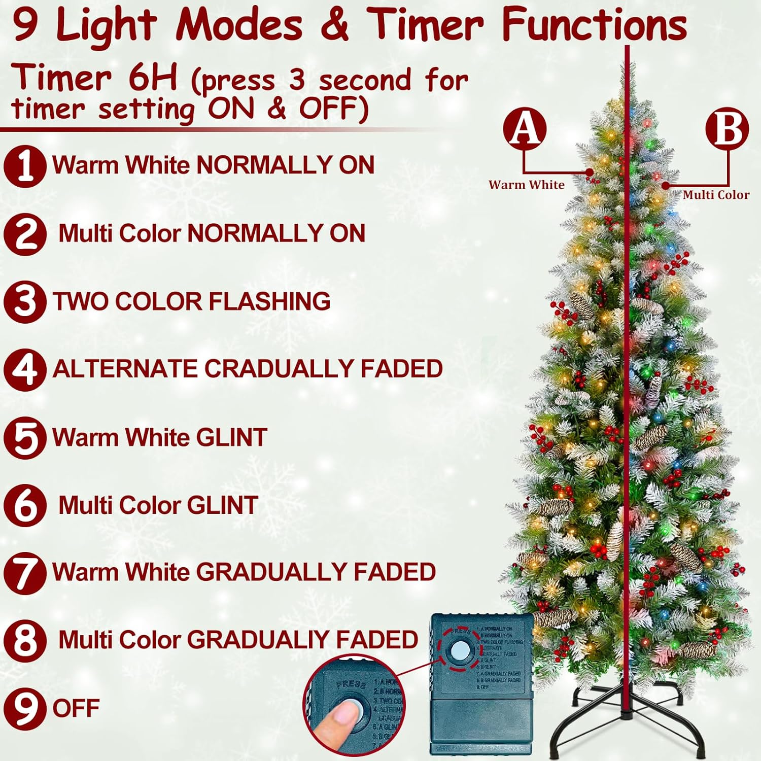 TURNMEON Árbol de Navidad preiluminado de 6.5 pies, 250 luces LED cálidas y coloridas