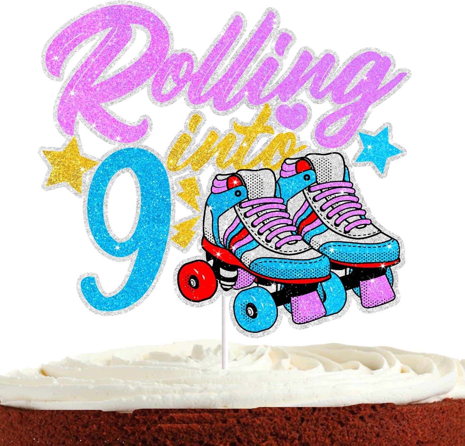 Decoración de pastel de patinaje para niños y niñas, 9 cumpleaños, retro, de los años 80, 90, 80, arco iris, patinaje, suministros de fiesta de