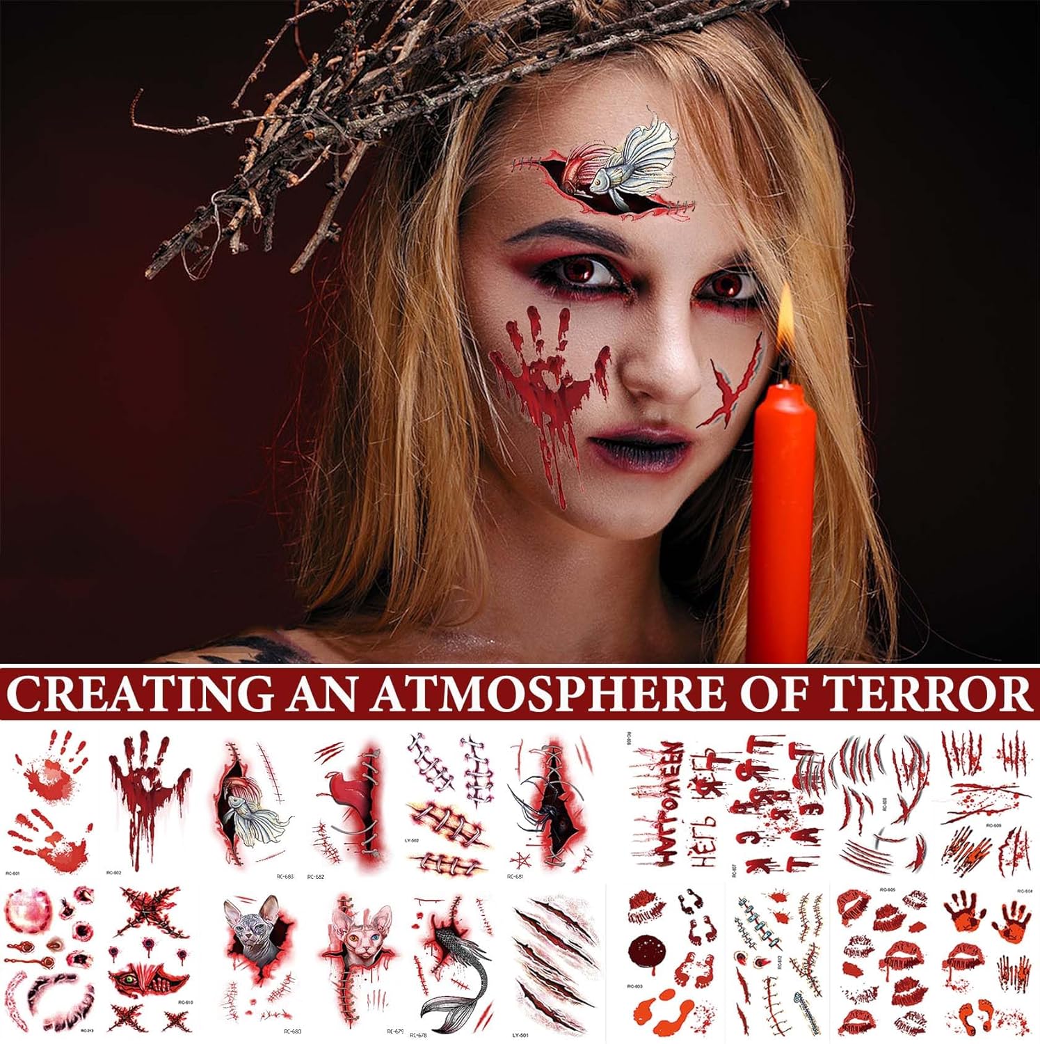 20 piezas de tatuajes temporales realistas para hombres y mujeres, cicatriz de herida sanguinaria, cicatriz de terror, zombi, Halloween, mascarada,
