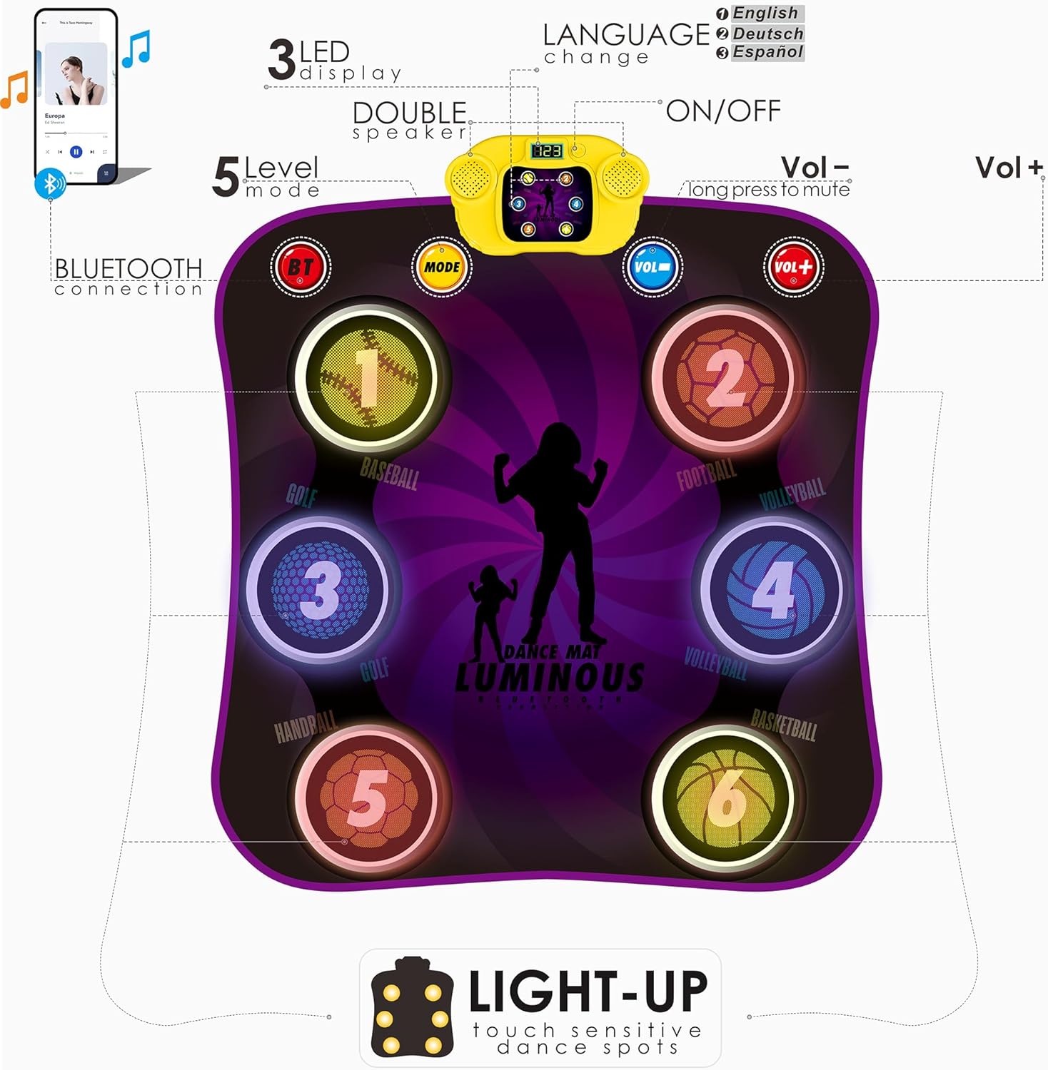 Tapetes de baile para niños de 3 a 12 años, almohadilla de baile con 6 botones iluminados, tapete de juego de baile musical con 5 modos de juego,