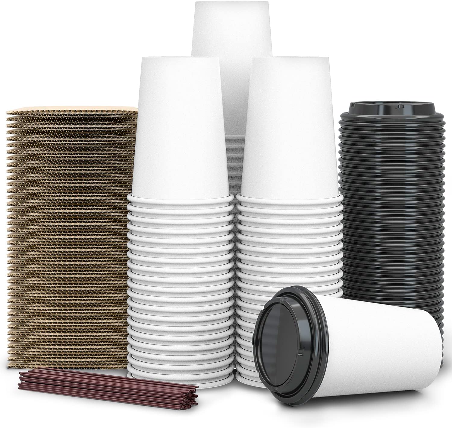 Paquete de 100 tazas de café desechables de 12 onzas para llevar con tapas, fundas y pajitas, 100% biodegradables y compostables, tazas de café de