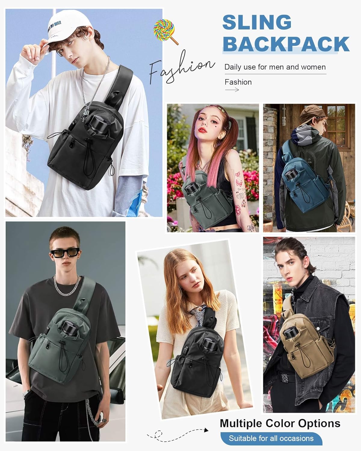Black Sling Crossbody Bag for Men Women, Tactical Backpack Shoulder Daypack Mini Anti-Theft Motorcycle Chest Bags, Small One Strap Backpack for