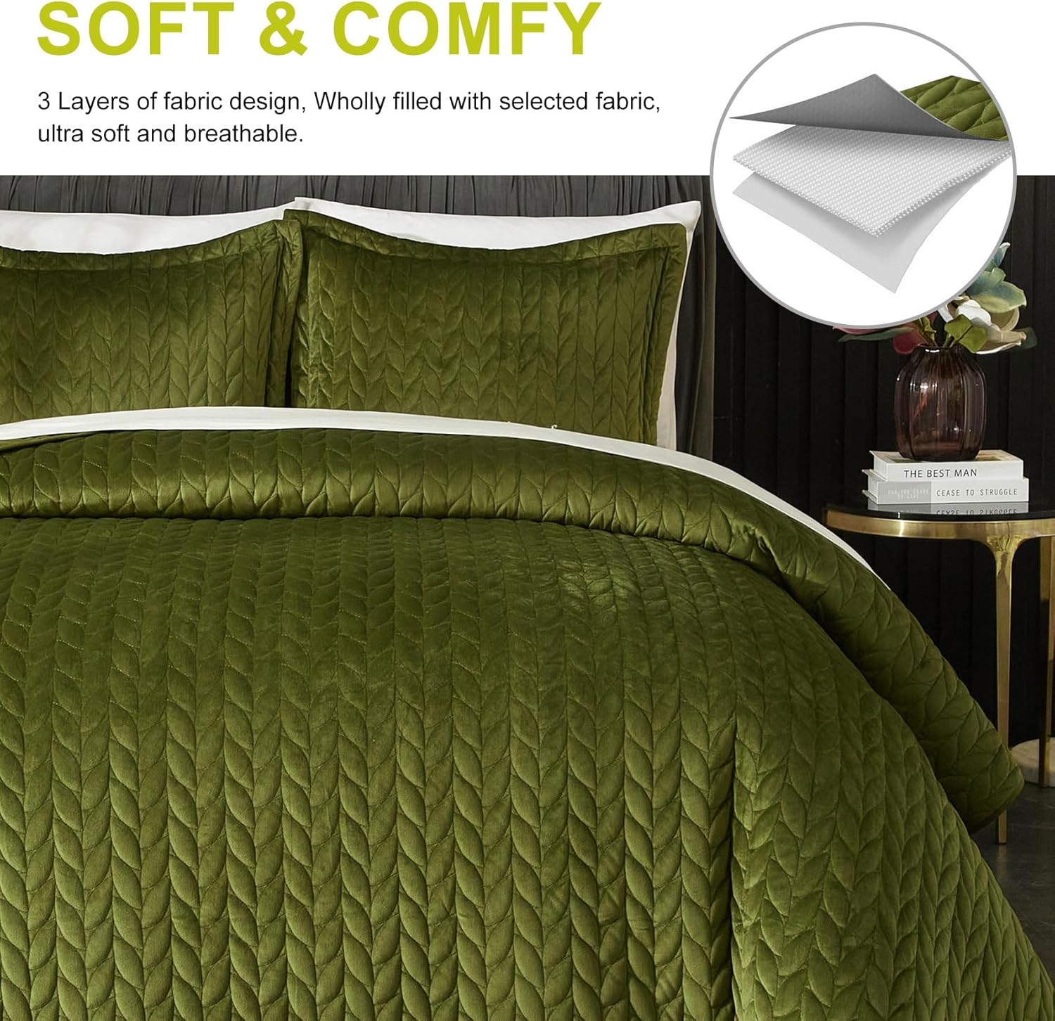 Ivellow Edredón de terciopelo tamaño King, colcha ligera verde, colcha reversible suave para todas las estaciones, edredón de terciopelo de lujo de