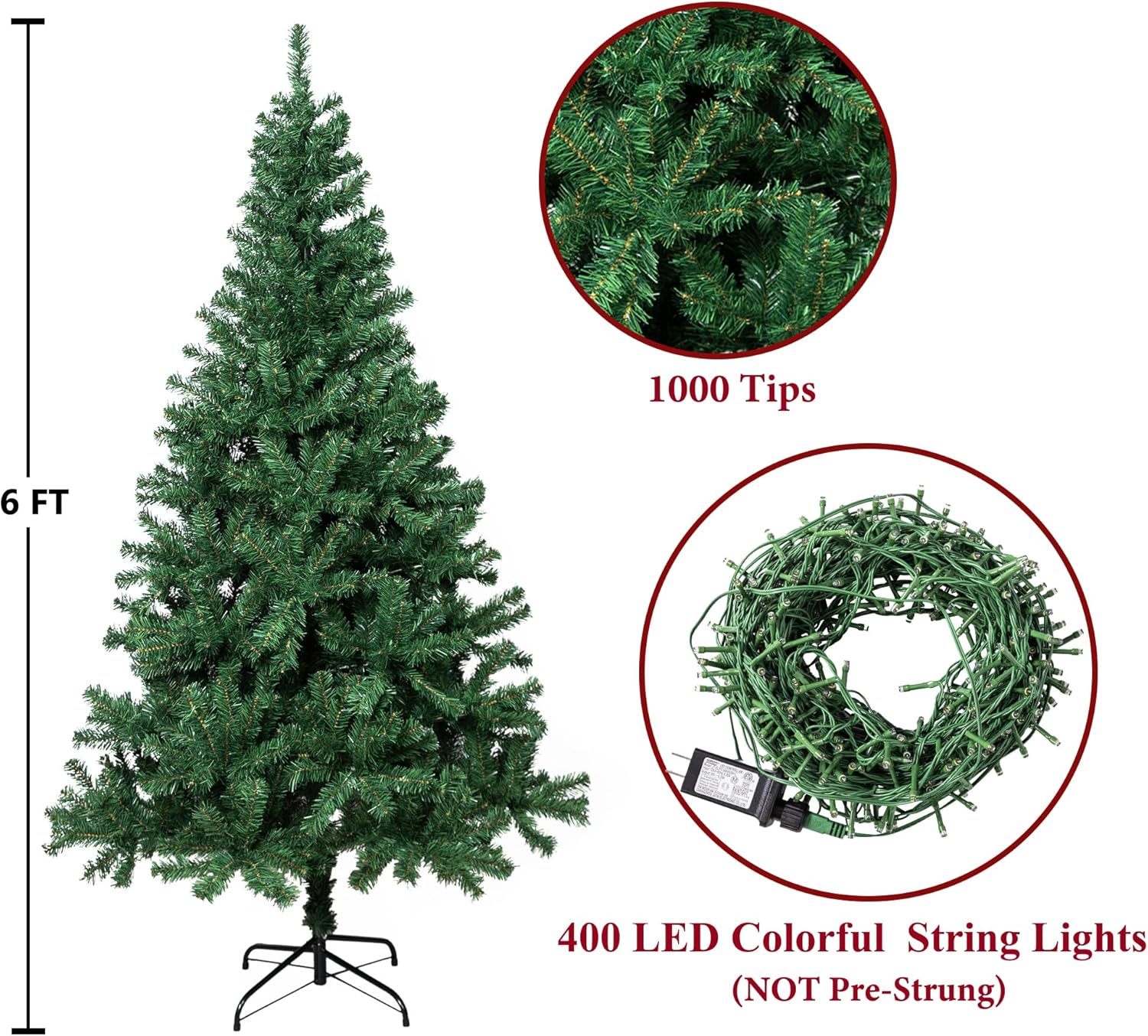 Sunnyglade Árbol de Navidad artificial de alta calidad de 6 pies con 400 luces LED multicolor (no preencordadas) y soporte de metal resistente, 8