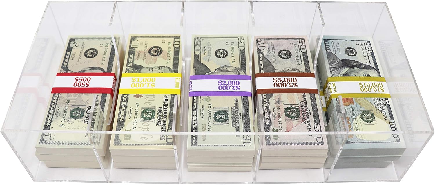 Bandeja transparente para monedas, organizador de efectivo de 5 compartimentos, caja de almacenamiento de dinero, 300 envoltorios de monedas