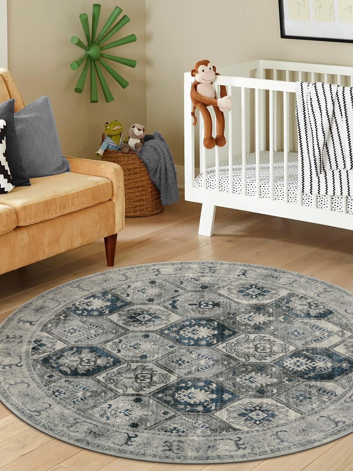 Lahome Round Rugs – Alfombra circular lavable de 6 pies para sala de estar, alfombra de dormitorio, alfombra de dormitorio, enrejado marroquí de