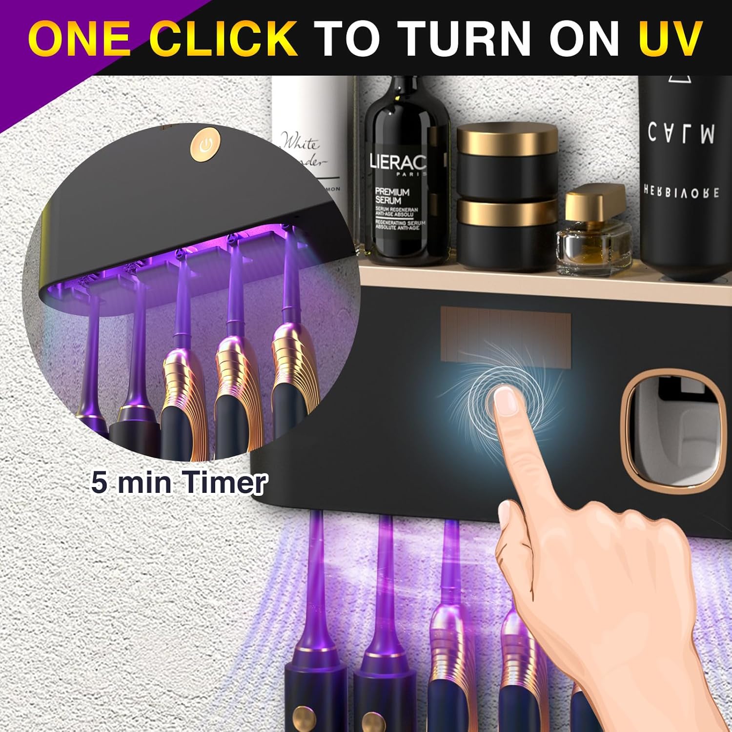 Porta cepillos de dientes para baños con desinfectante de cepillos de dientes UV, soporte para cepillos de dientes montado en la pared con