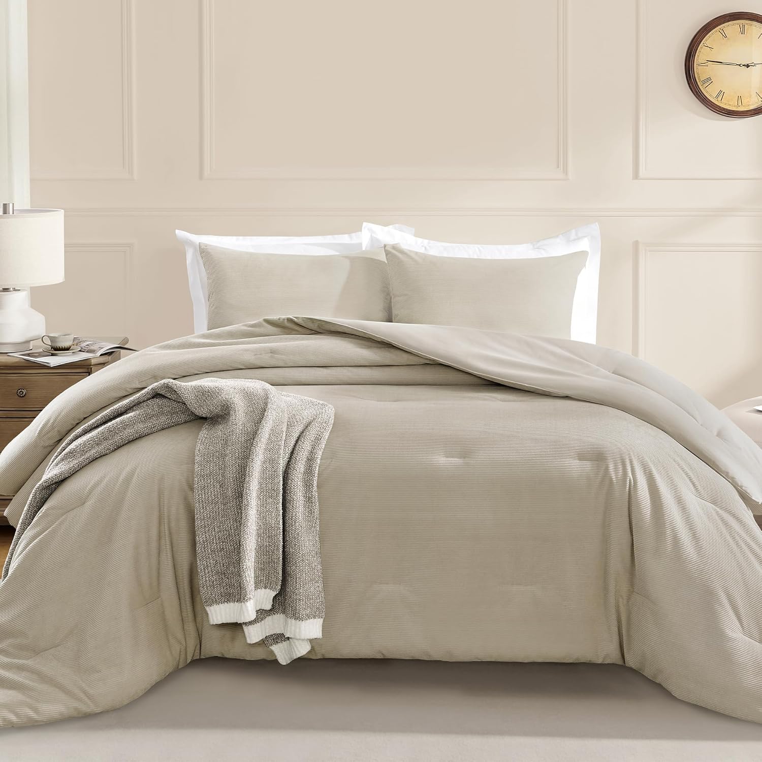 downluxe Juego de edredón de pana tamaño individual color beige, 2 piezas de edredón de pana de poliéster ultrasuave para niños, juego de edredón