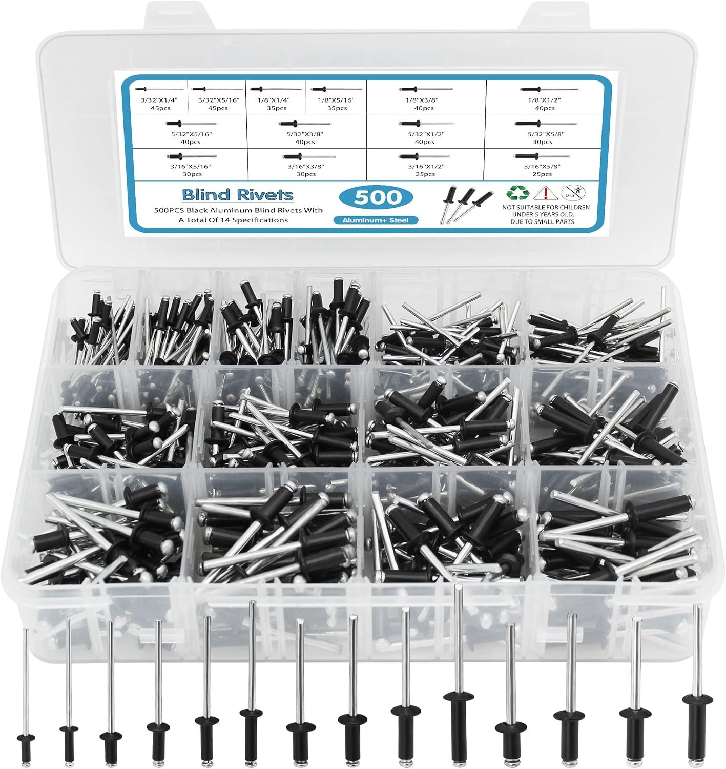 SATANTECH Kit surtido de 500 remaches negros, 14 remaches de aluminio de tamaños SAE (332 pulgadas 18 pulgadas 532 pulgadas 316 pulgadas), remaches