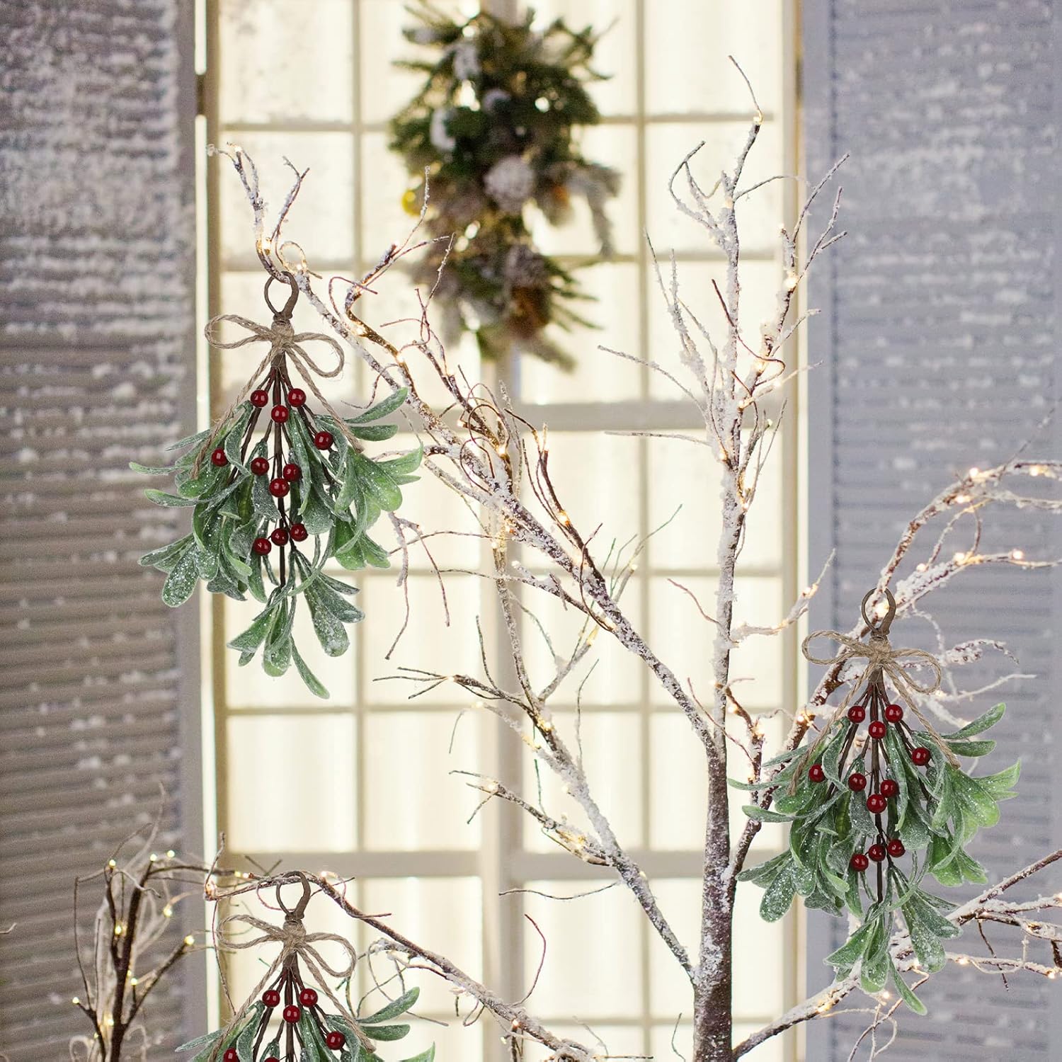4 púas de muérdago artificiales, decoración de muérdago navideño de 9.1 pulgadas con bayas rojas, tallos florales de muérdago artificiales, adorno