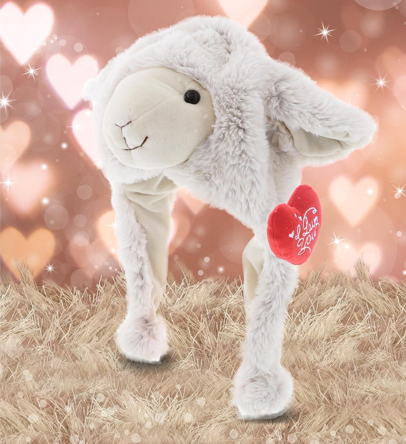 DolliBu I Love You – Gorro de peluche blanco de oveja de San Valentín, lindo animal de peluche con corazón rojo y nombre, regalo personalizado para