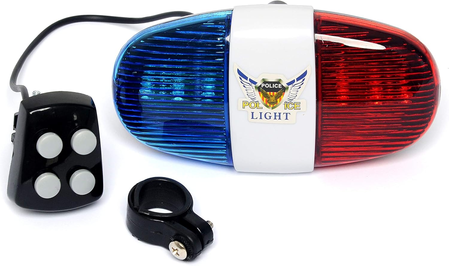 6 luces LED bicicleta montaña bicicleta policía sonido, 4 sonido electrónico bocina, 4 interruptores para controlar 4 sonidos de sirena de policía,