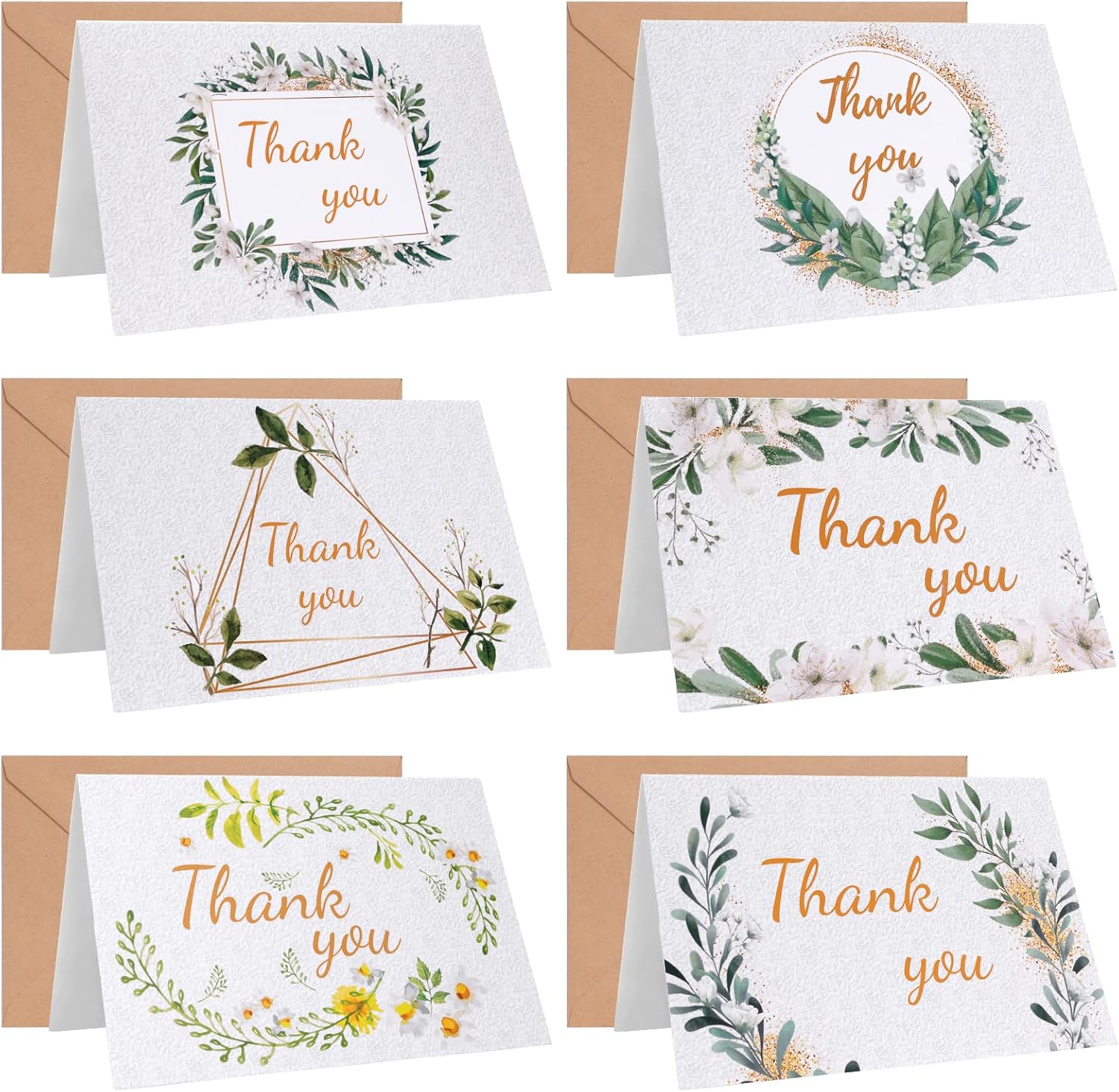 Tarjetas de agradecimiento con sobres de papel kraft y calcomanías a juego, 100 tarjetas de agradecimiento de plantas verdes, tarjetas de