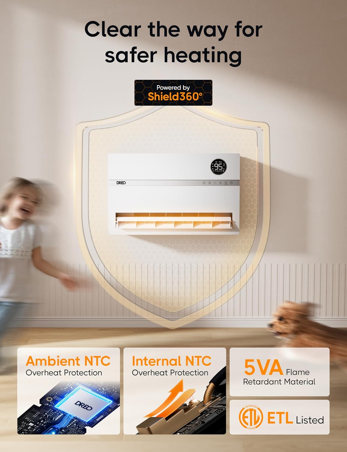 Dreo Calentador de pared inteligente, calentador eléctrico para dormitorio de 1500 W, oscilación vertical de 120, termostato ajustable, control